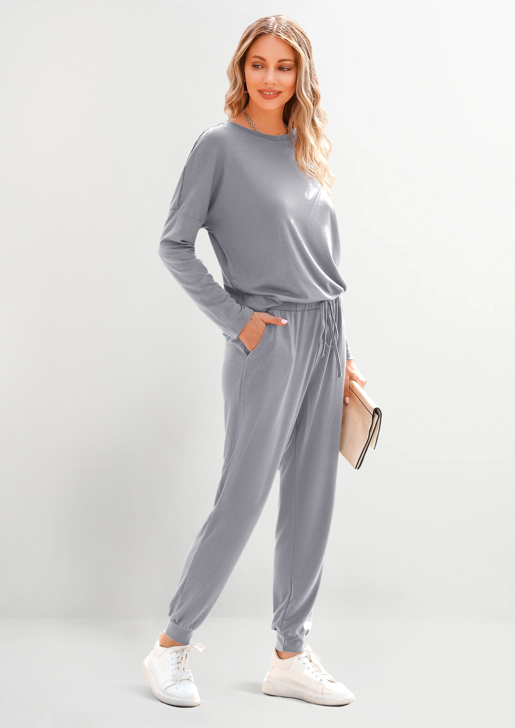Chichi Lounge Outfit Long Sleeve Crewneck Pullover Tops High Waisted Pants Set Tracksuit Light Grey