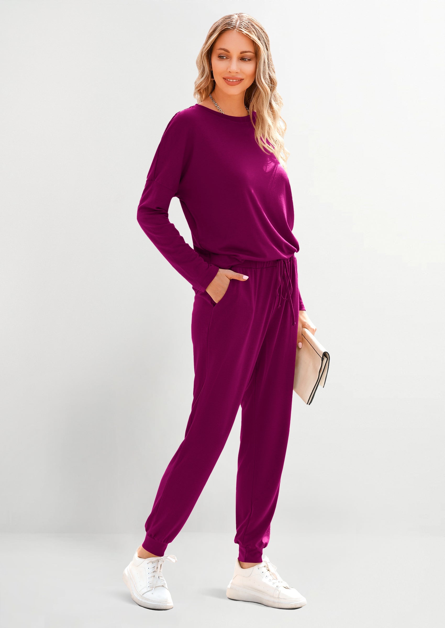 Chichi Lounge Outfit Long Sleeve Crewneck Pullover Tops High Waisted Pants Set Tracksuit Pink