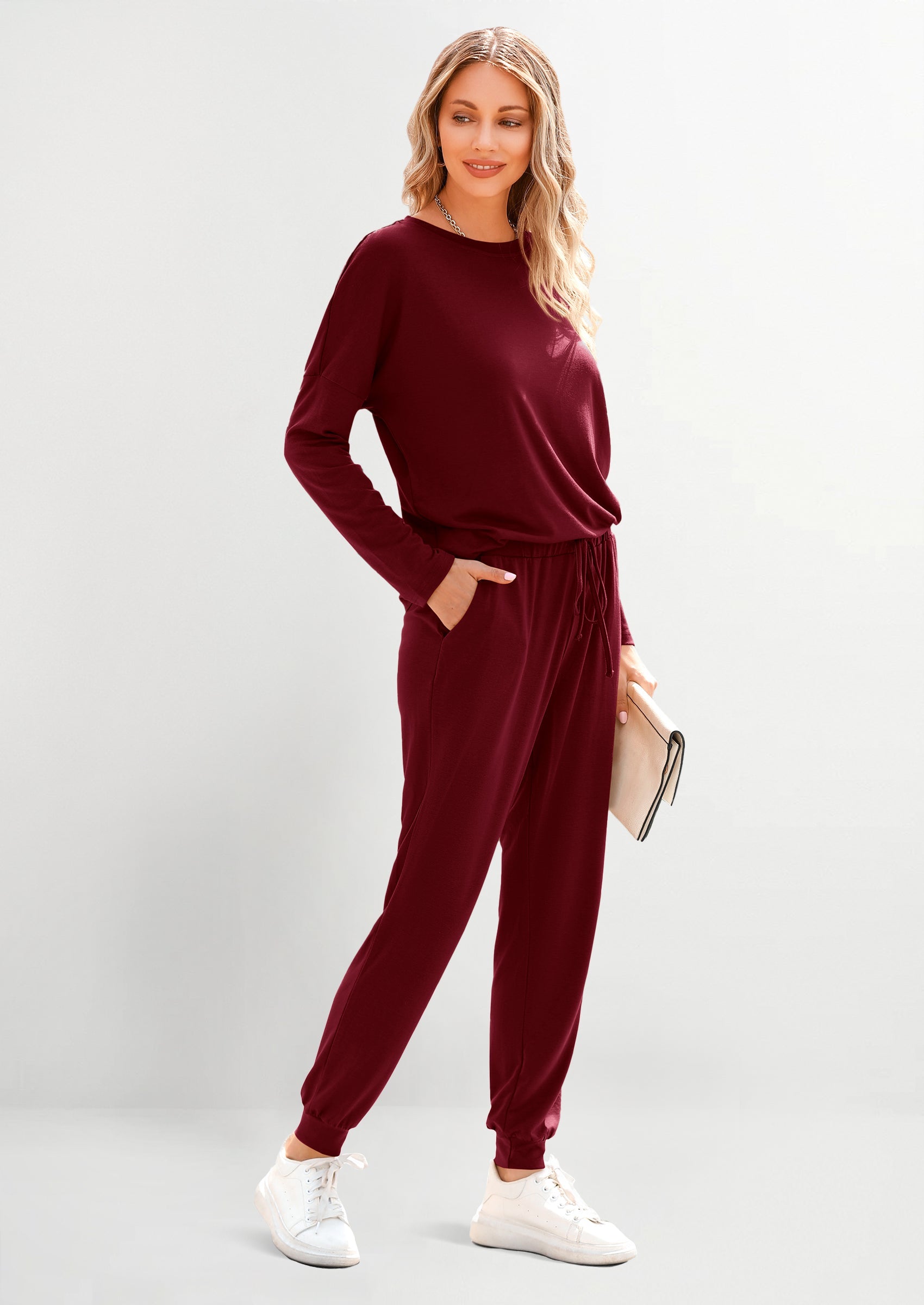 Chichi Lounge Outfit Long Sleeve Crewneck Pullover Tops High Waisted Pants Set Tracksuit Wine Red