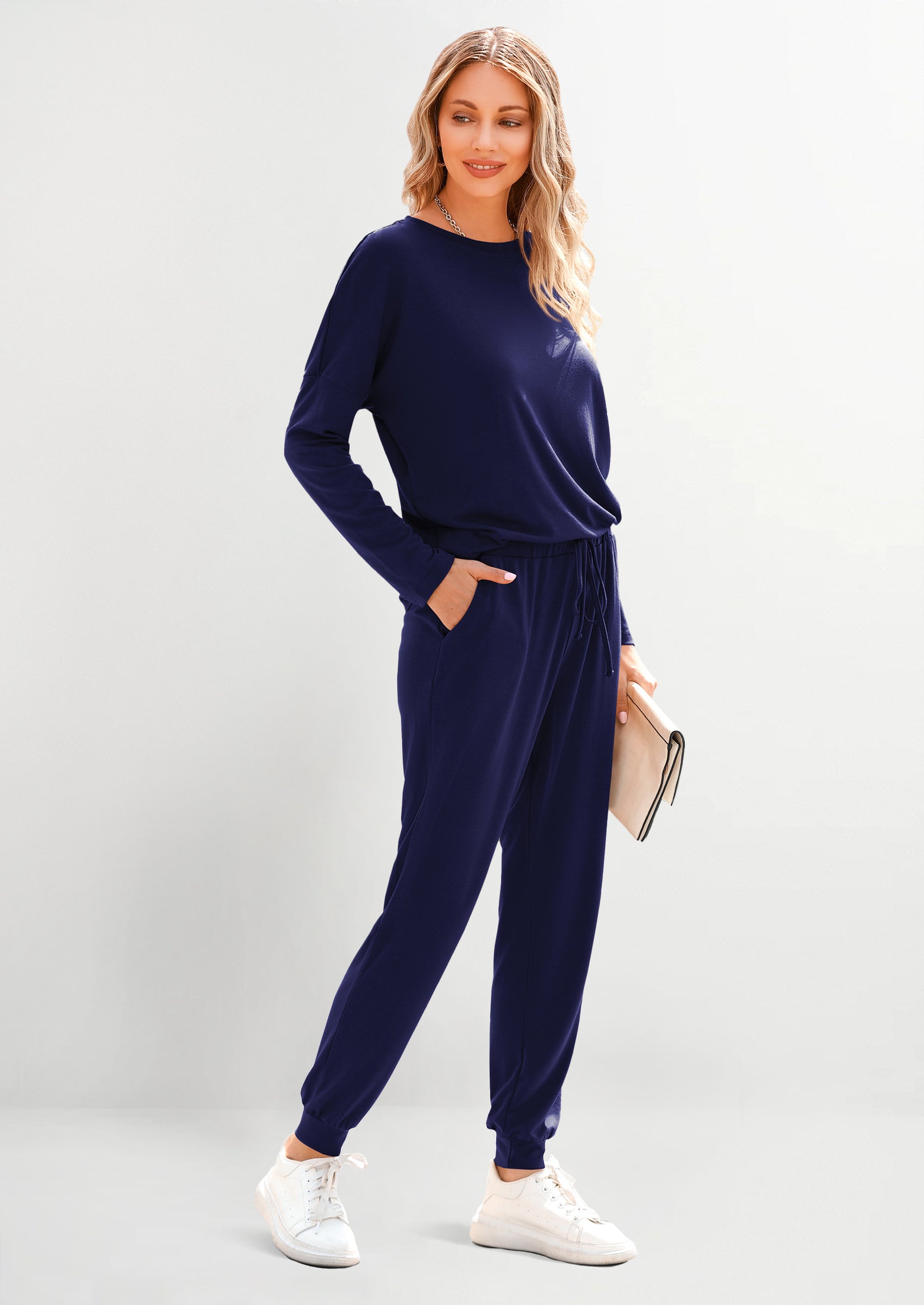 Chichi Lounge Outfit Long Sleeve Crewneck Pullover Tops High Waisted Pants Set Tracksuit Navy
