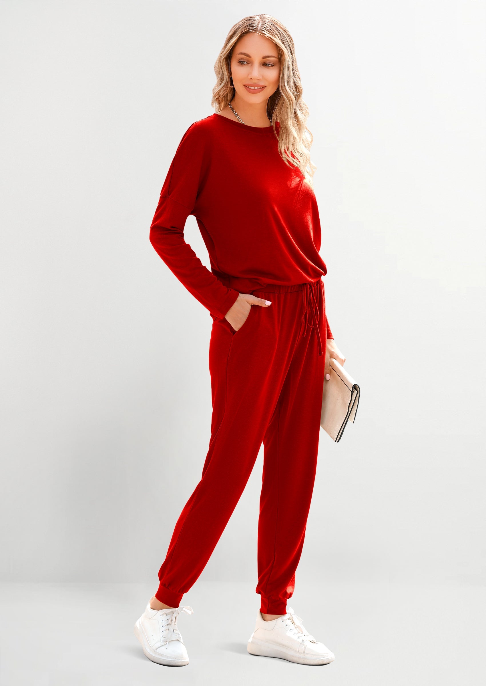 Chichi Lounge Outfit Long Sleeve Crewneck Pullover Tops High Waisted Pants Set Tracksuit Red