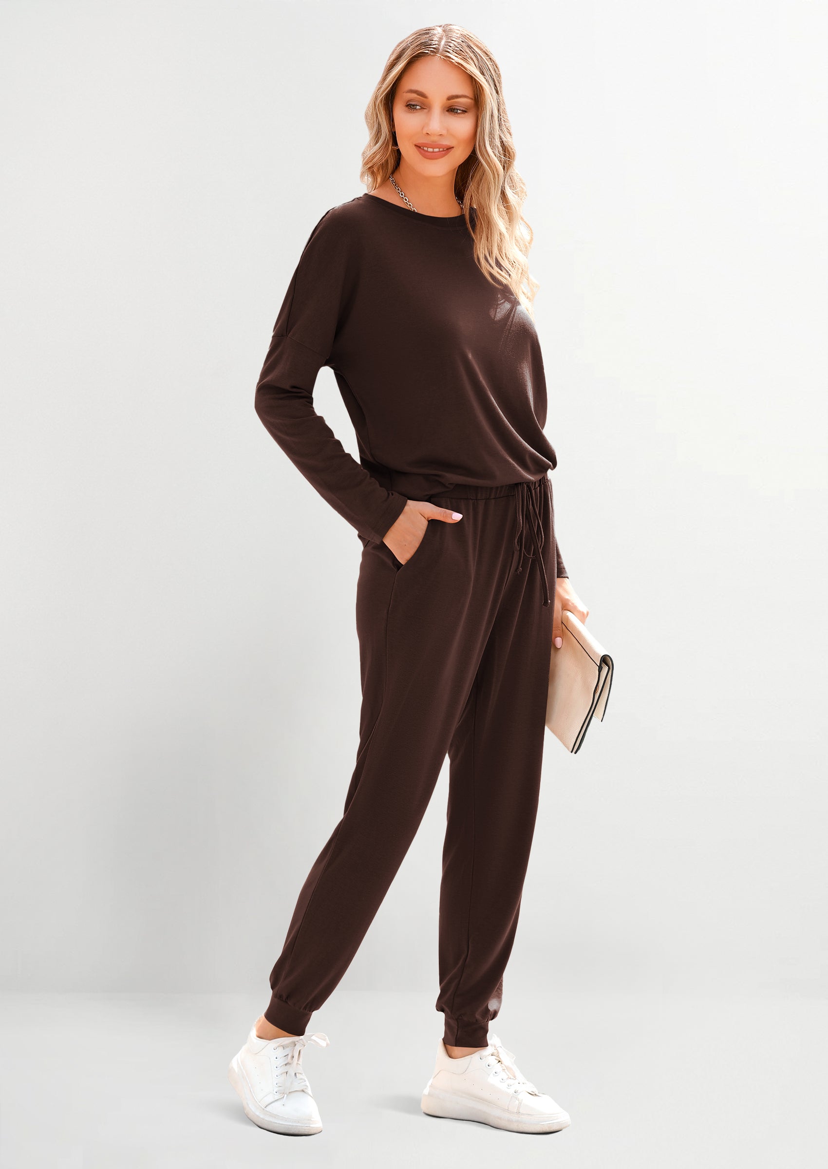 Chichi Lounge Outfit Long Sleeve Crewneck Pullover Tops High Waisted Pants Set Tracksuit Brown
