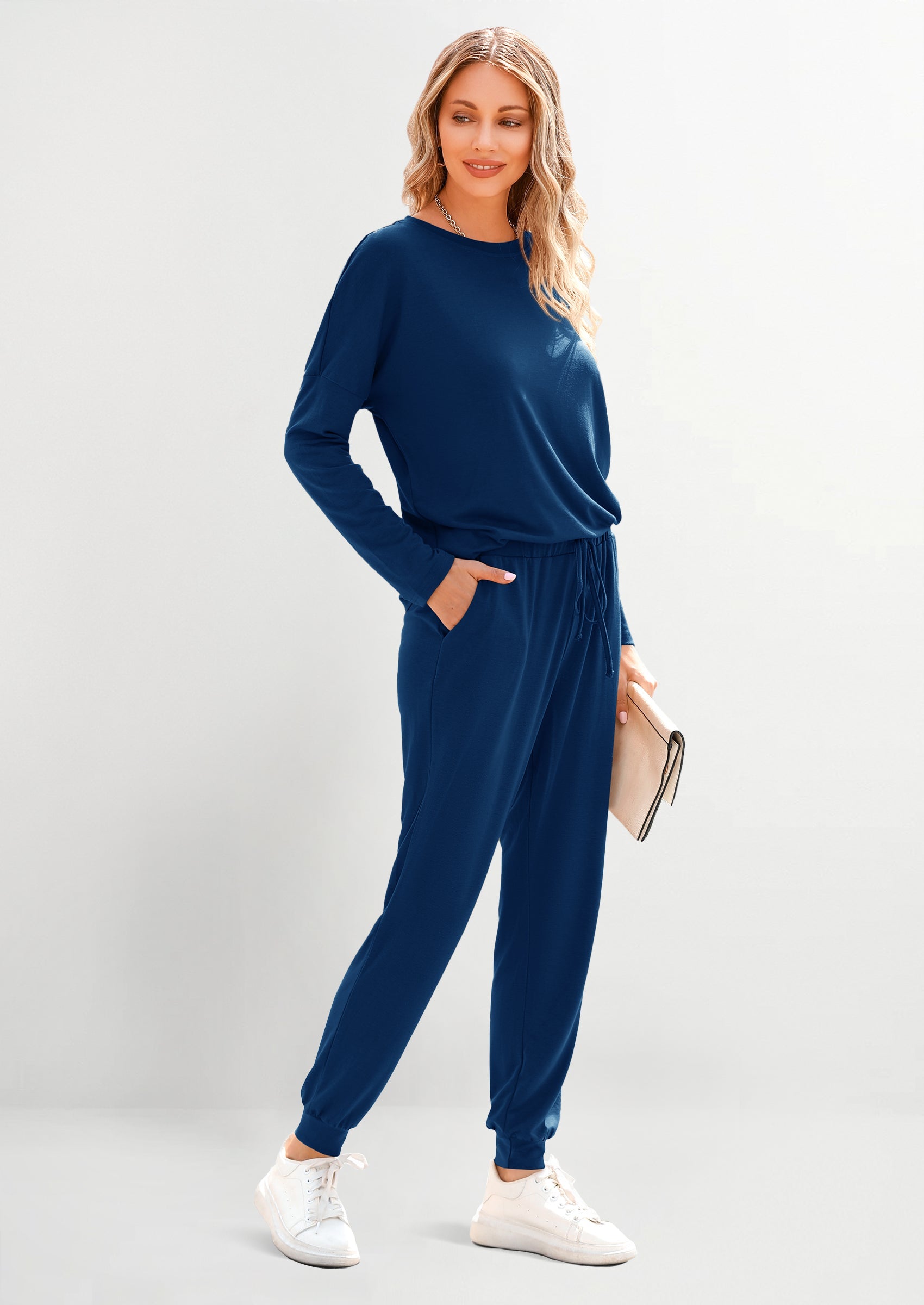 Chichi Lounge Outfit Long Sleeve Crewneck Pullover Tops High Waisted Pants Set Tracksuit Blue