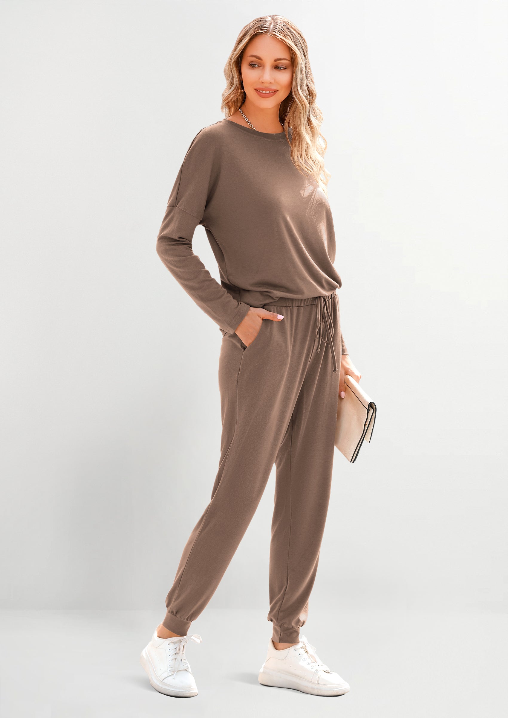 Chichi Lounge Outfit Long Sleeve Crewneck Pullover Tops High Waisted Pants Set Tracksuit Light Grey