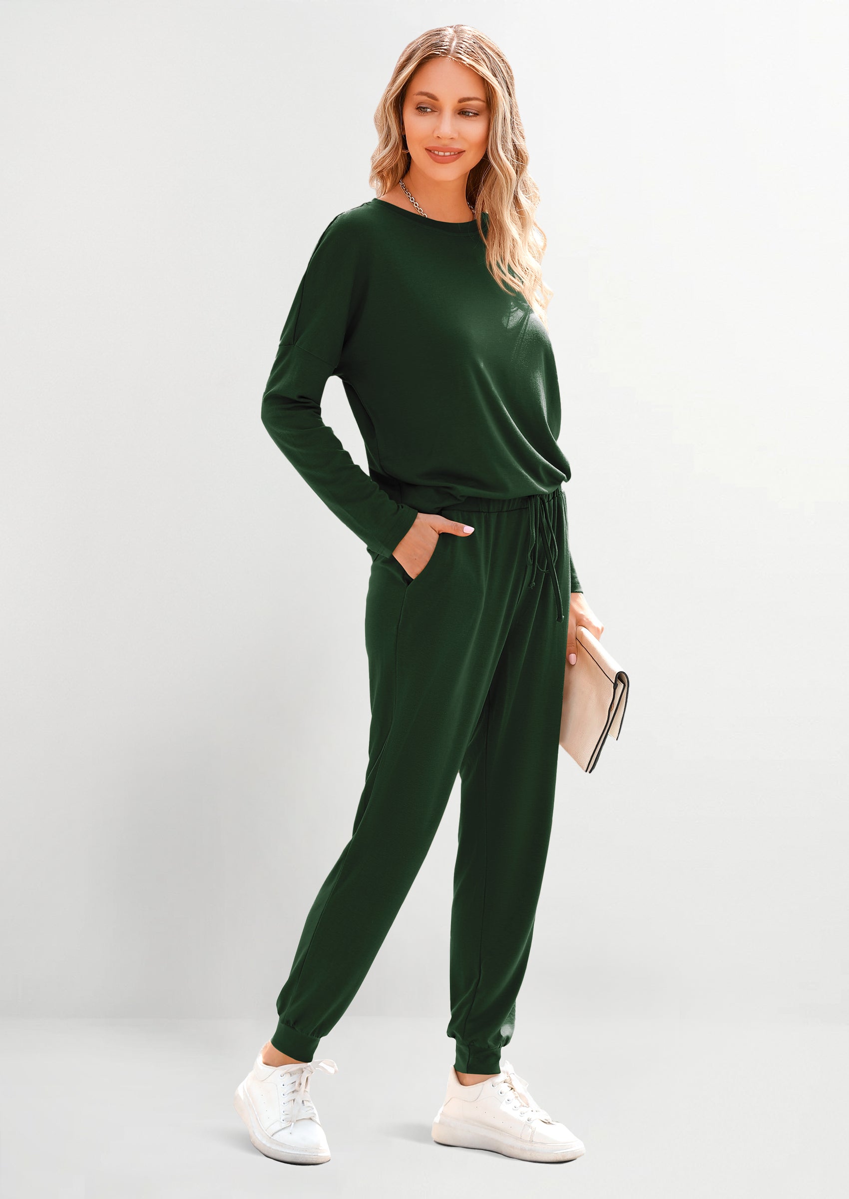 Chichi Lounge Outfit Long Sleeve Crewneck Pullover Tops High Waisted Pants Set Tracksuit Dark Green
