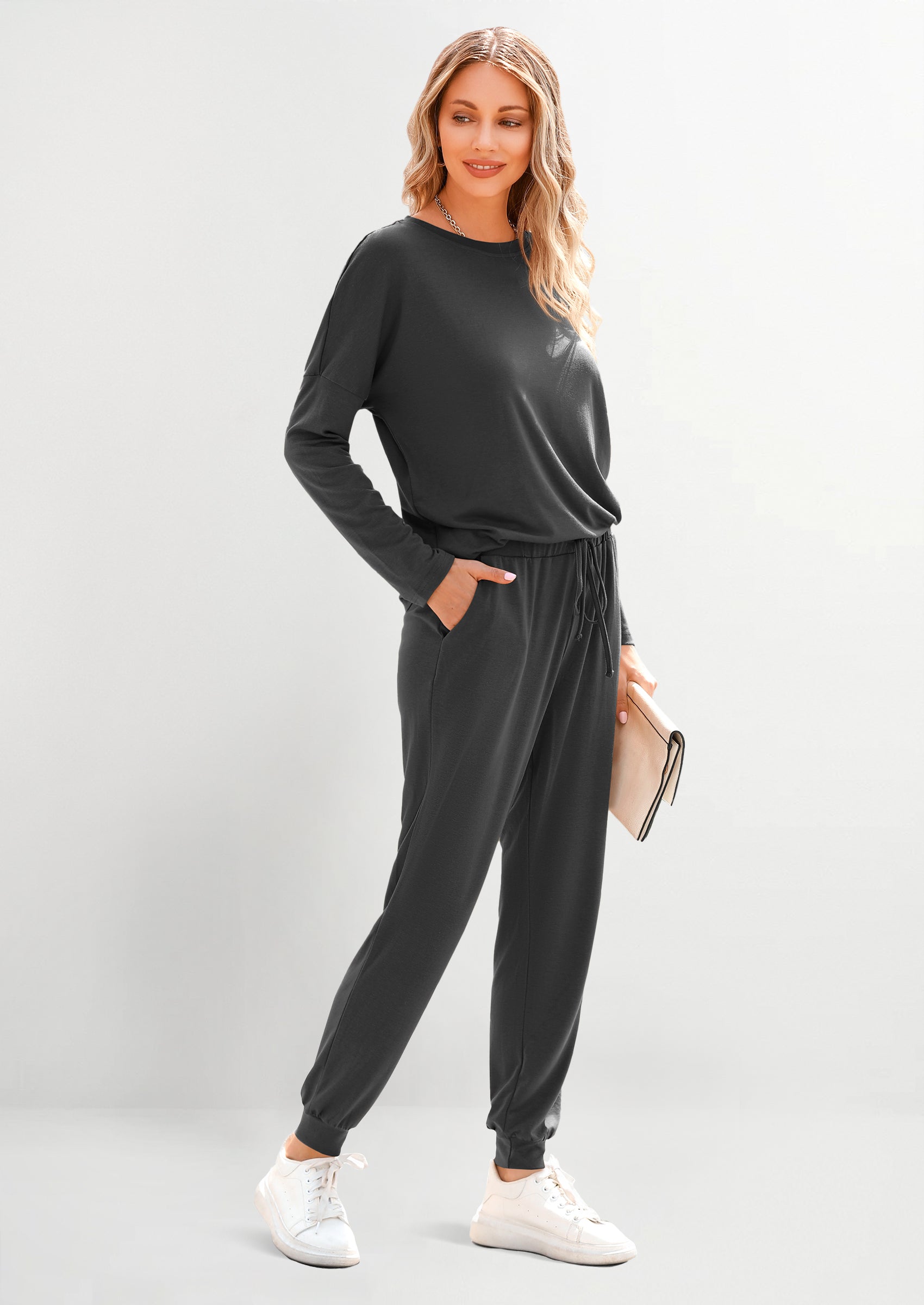 Chichi Lounge Outfit Long Sleeve Crewneck Pullover Tops High Waisted Pants Set Tracksuit Dark Grey