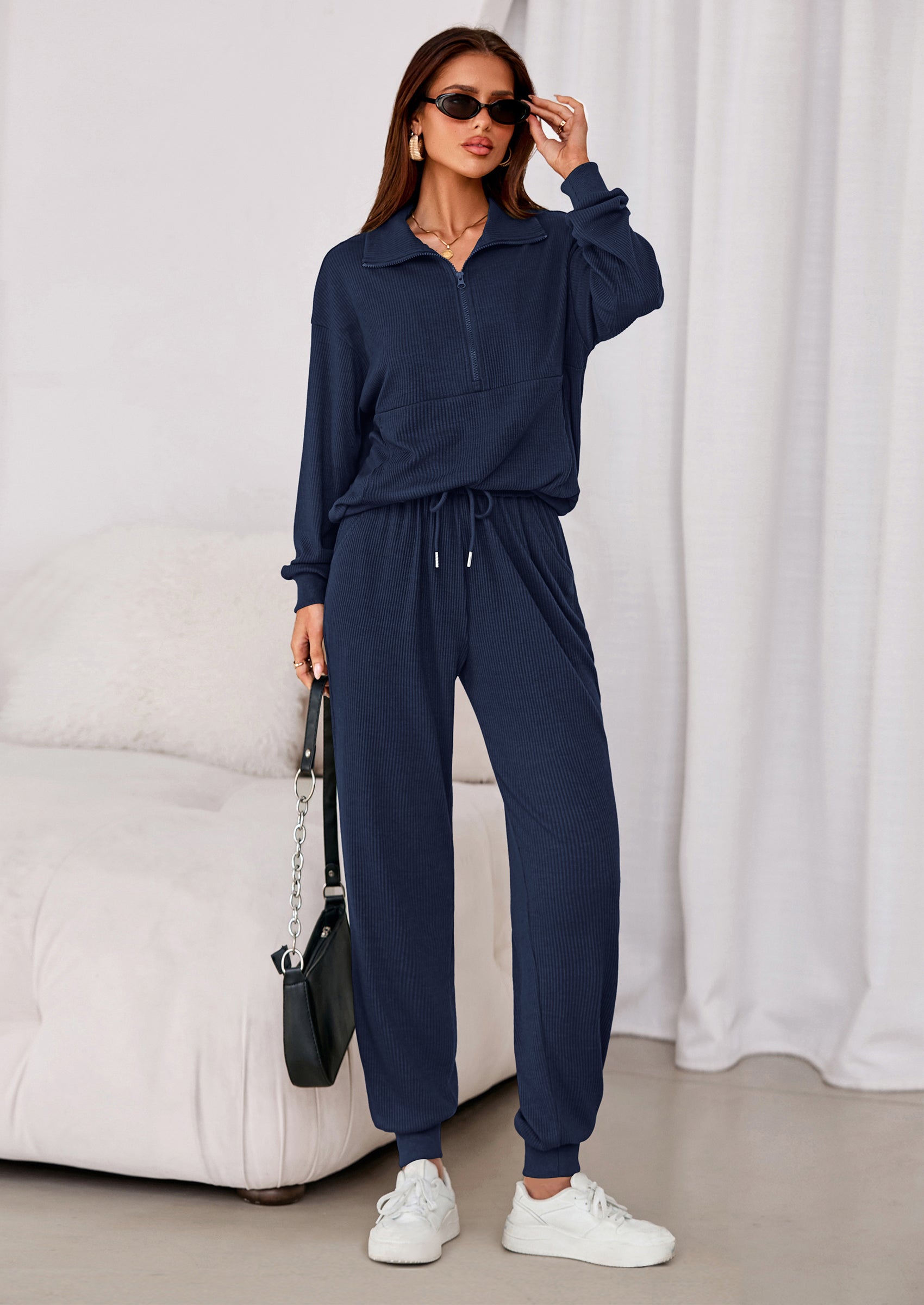 Chichi Women's Fall 2 Piece Lounge Sets Zip Up Sweatshirt Jogger Pants Sweat Track Suits Travel Outfit Winter Clothing Light Blue