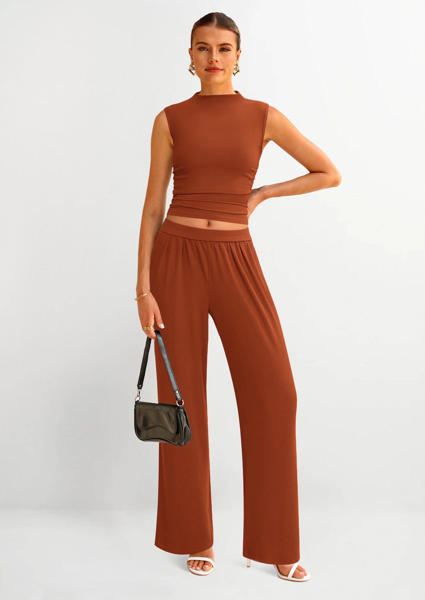 Chichi 2 Piece Sets for Women Summer Airport Travel Outfits Crop Tank Tops Wide Leg Pants Matching Lounge Sets Orange Red