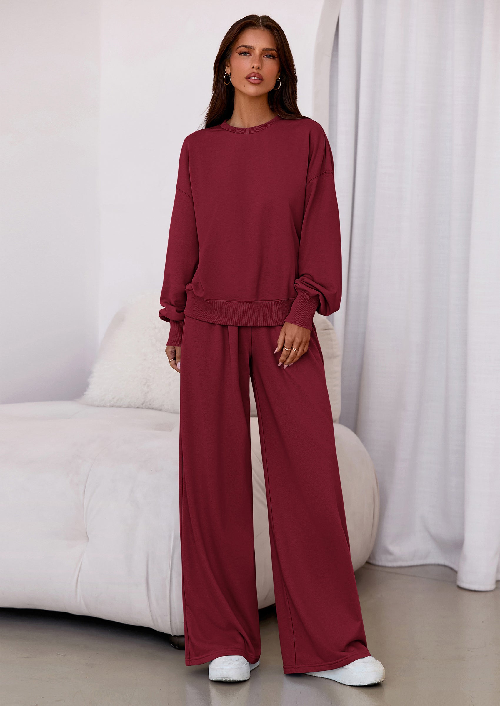 Chichi Womens 2 Piece Sets Long Sleeve Sweatshirt Wide Leg Pants Loose Matching Lounge Set Trendy Fall Outfits Wine Red
