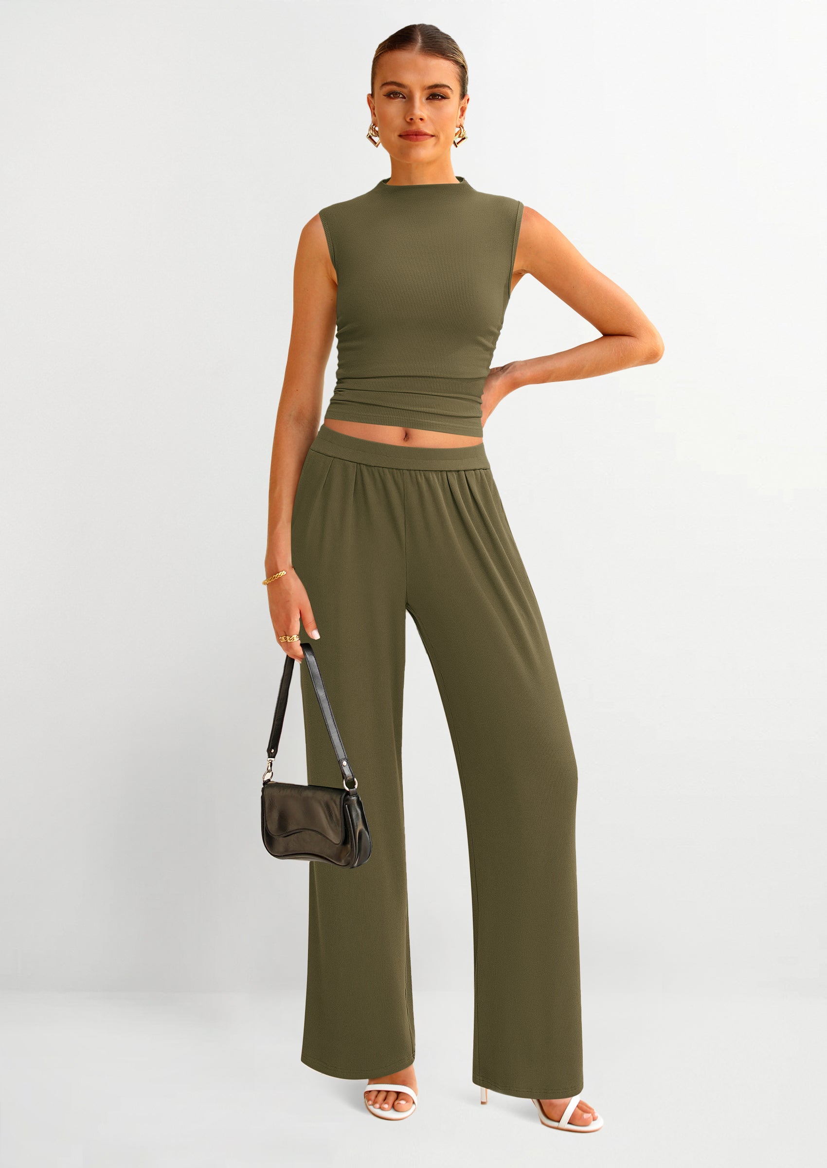 Chichi 2 Piece Sets for Women Summer Airport Travel Outfits Crop Tank Tops Wide Leg Pants Matching Lounge Sets Army Green