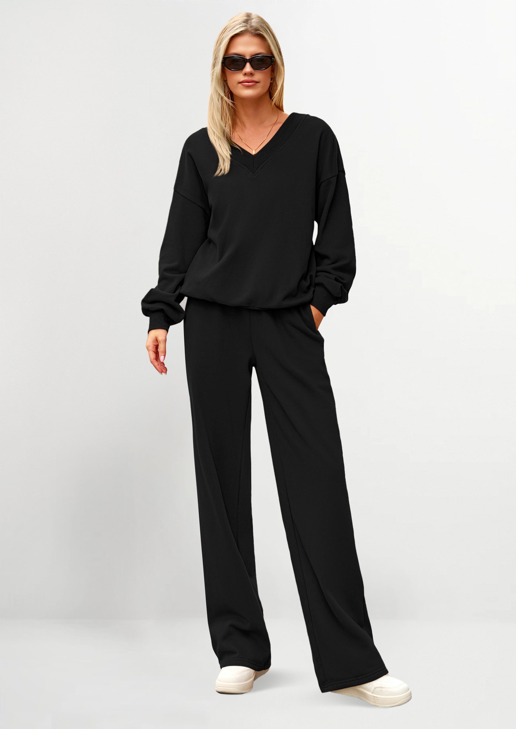 Chichi Casual Winter Two Piece Sets for Women V Neck Sweatshirt Loose Wide Leg Pants Tracksuit Knit Fall Outfits Black