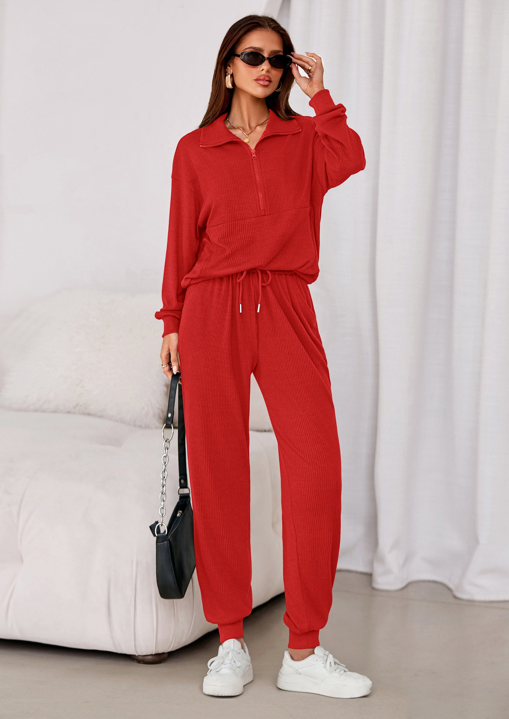 Chichi Women's Fall 2 Piece Lounge Sets Zip Up Sweatshirt Jogger Pants Sweat Track Suits Travel Outfit Winter Clothing Brick Red