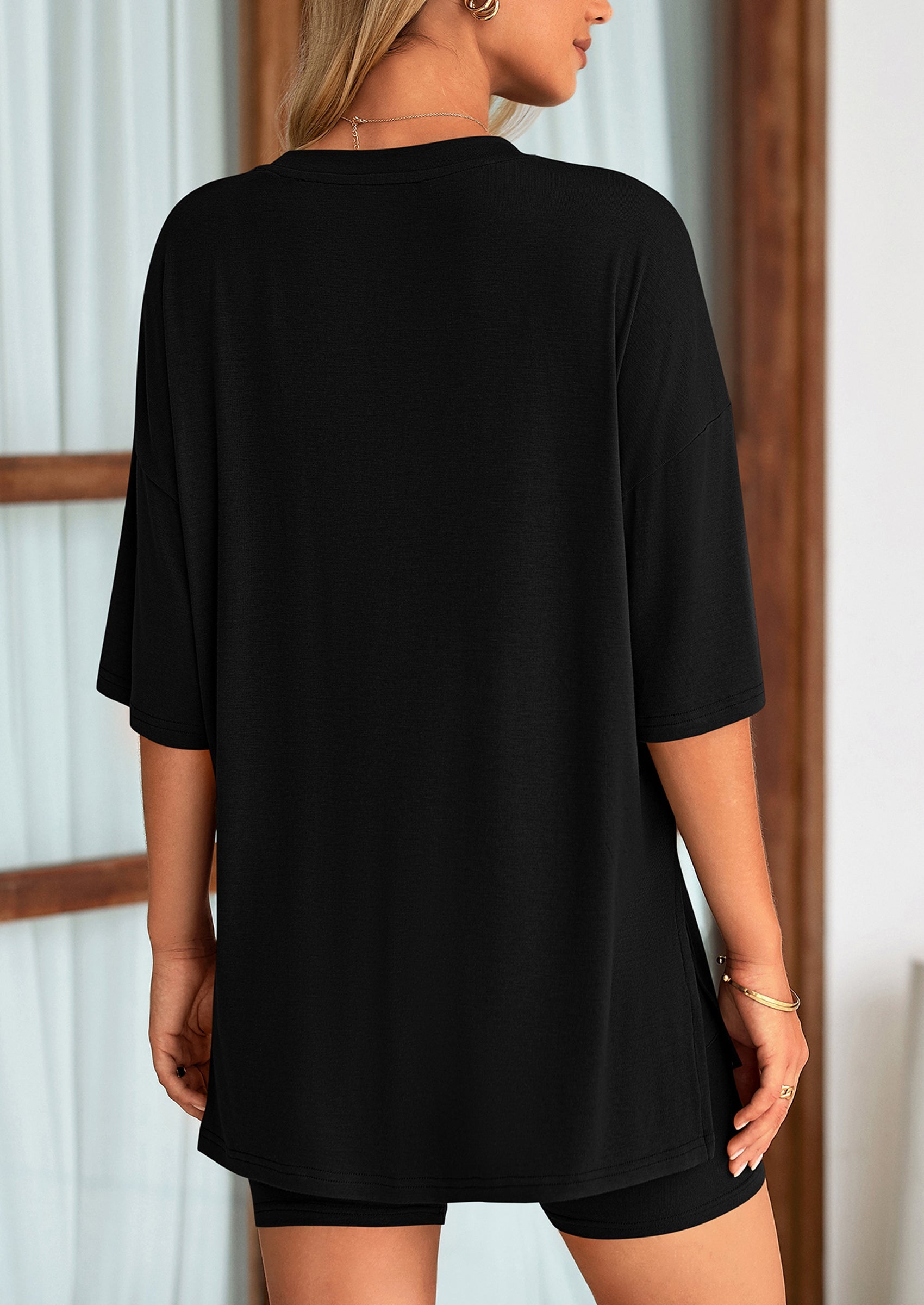 Chichi Women's Two Piece Lounge Set Summer Casual Oversized Shirts Biker Shorts Matching Airport Travel Outfit Black