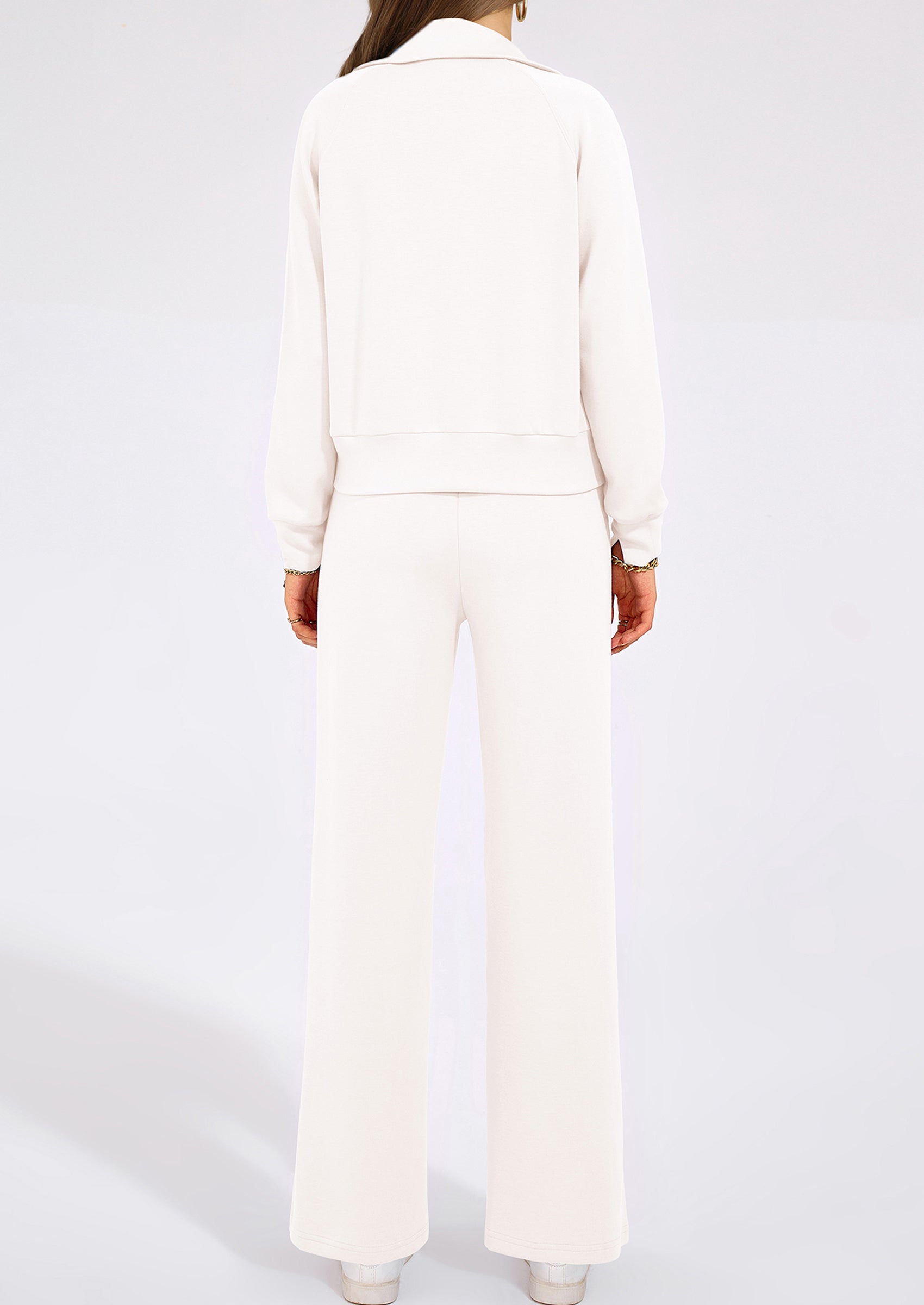 Chichi Women's 2 Piece Outfits Casual Lapel Half Zip Sweatshirts And Wide Leg Pants Tracksuit Sets White