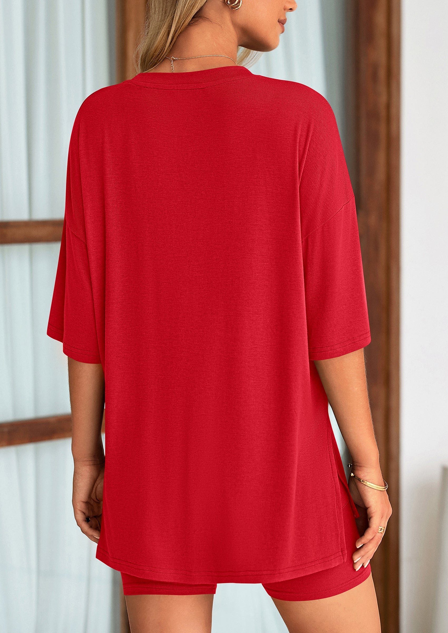 Chichi Women's Two Piece Lounge Set Summer Casual Oversized Shirts Biker Shorts Matching Airport Travel Outfit Red