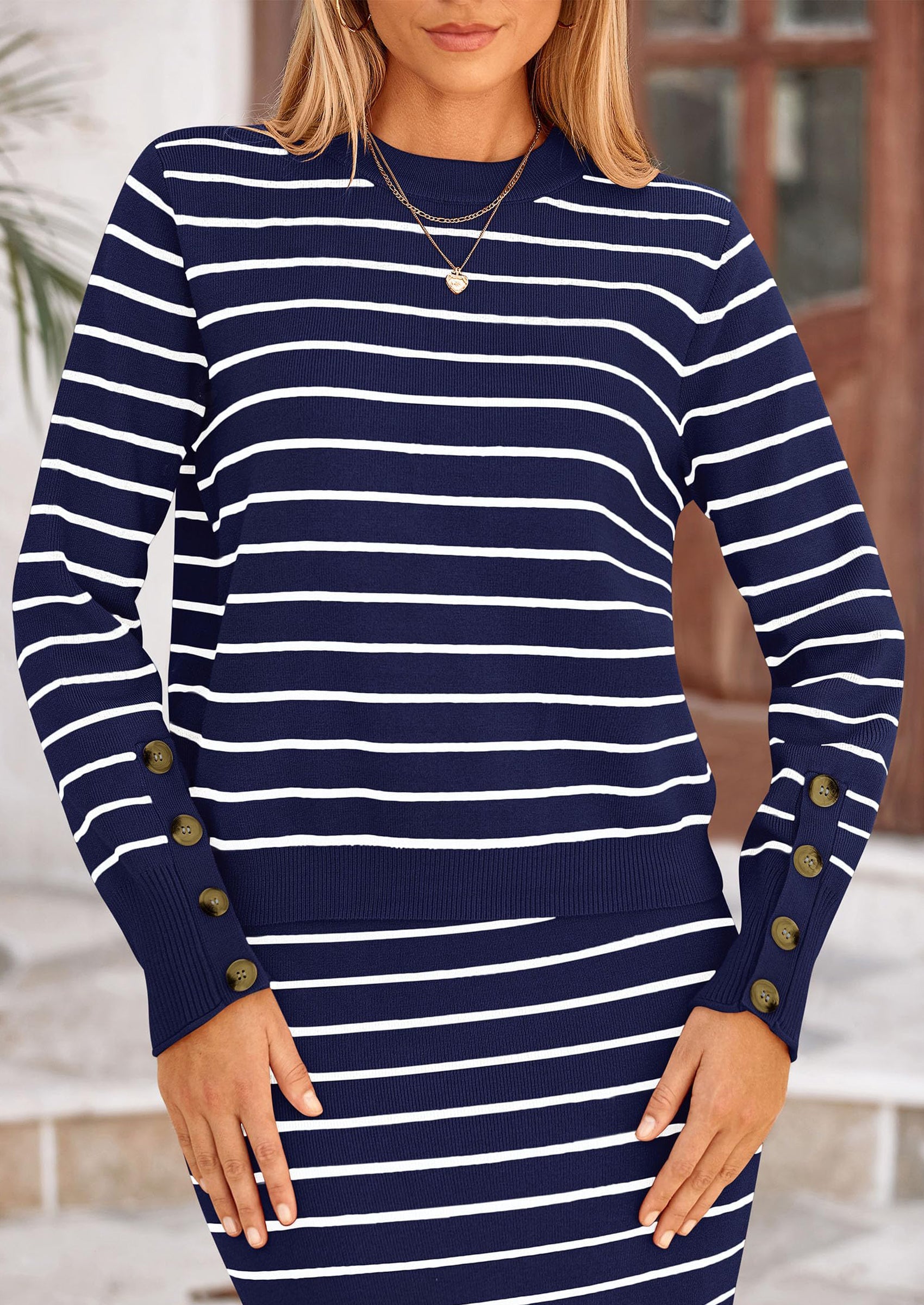 Chichi 2 Piece Skirts Sets For Women Fall Fashion Striped Sweater Dress Knit Lounge Travel Outfits Winter Clothing Royal Blue White Stripe