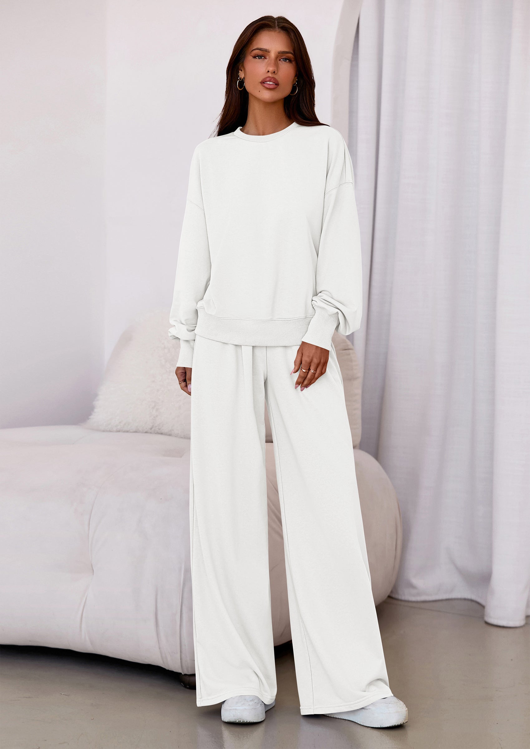 Chichi Womens 2 Piece Sets Long Sleeve Sweatshirt Wide Leg Pants Loose Matching Lounge Set Trendy Fall Outfits White