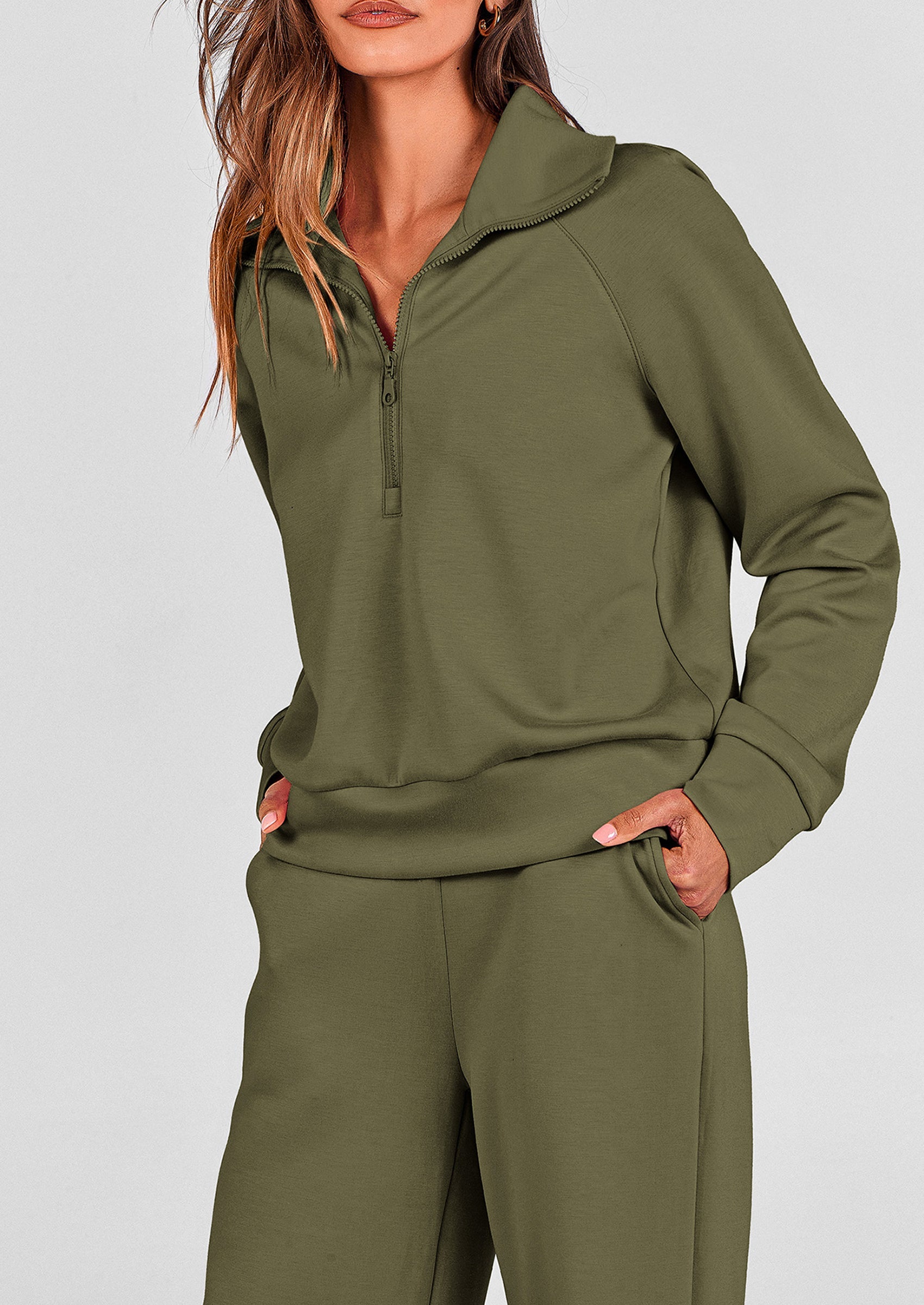 Chichi Women's 2 Piece Outfits Casual Lapel Half Zip Sweatshirts And Wide Leg Pants Tracksuit Sets Army Green