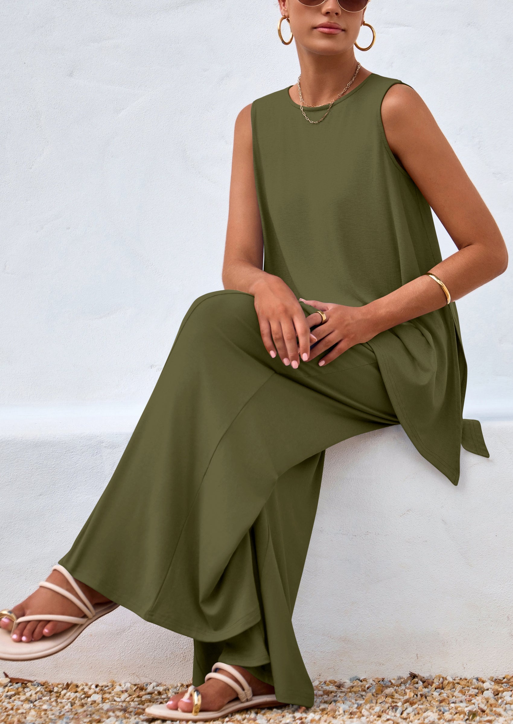 Chichi Women's Two Piece Matching Lounge Sets Asymmetrical Split Tank Tops Wide Leg Pants Summer Outfits Tracksuit Army Green