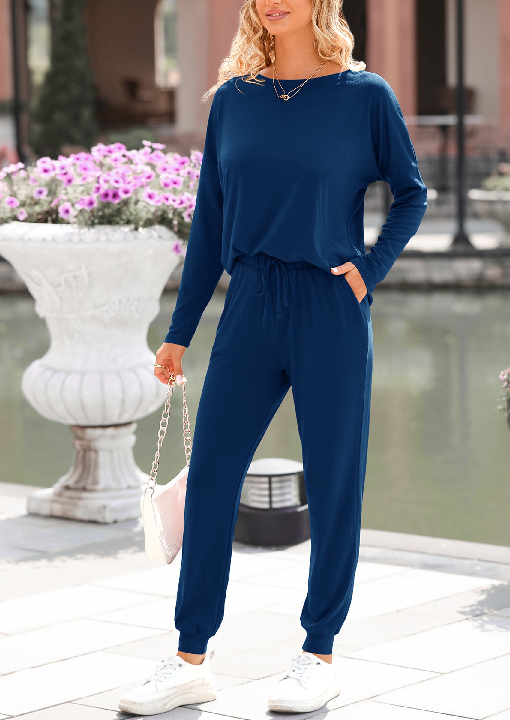 Chichi Lounge Outfit Long Sleeve Crewneck Pullover Tops High Waisted Pants Set Tracksuit Blue