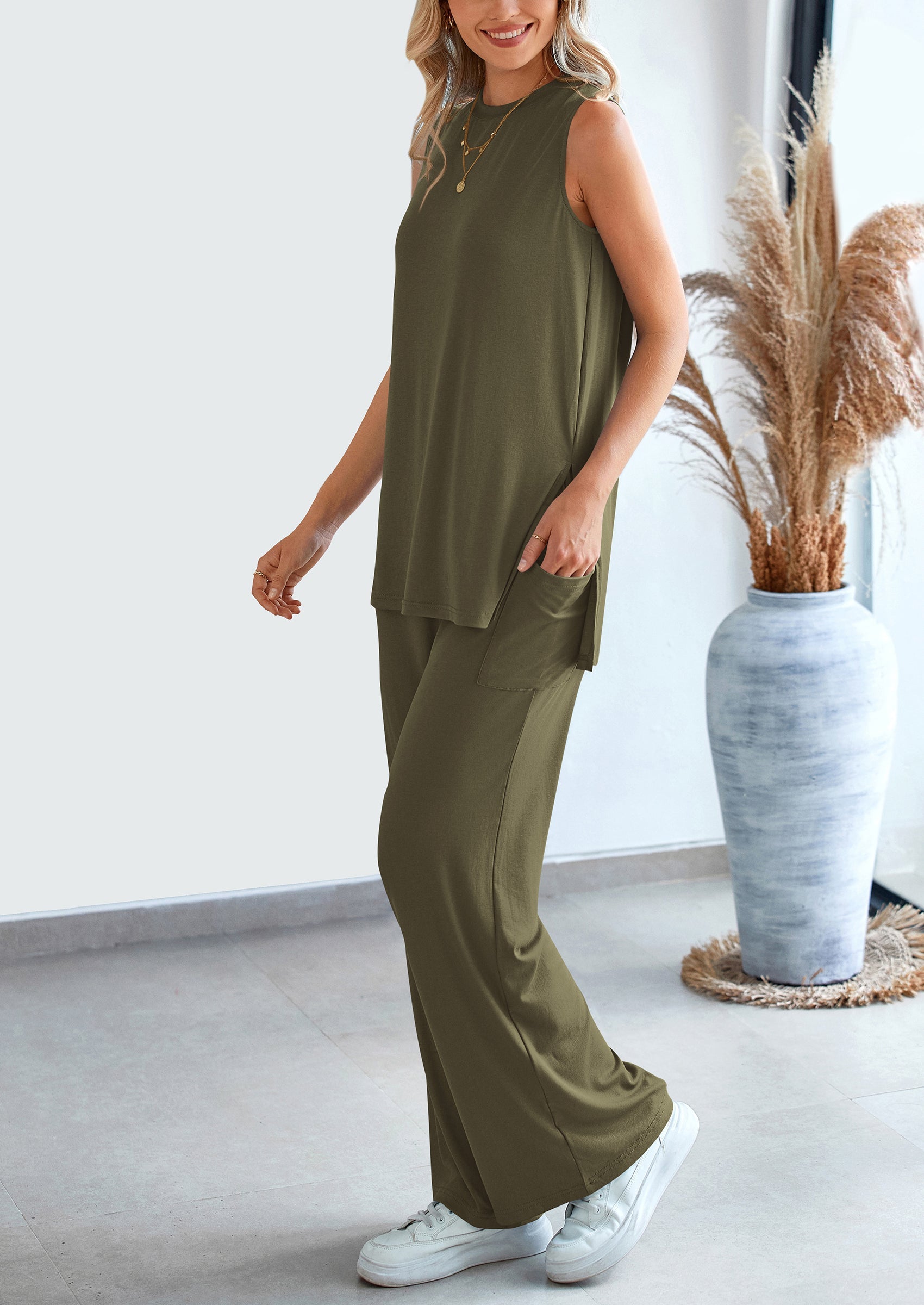Chichi 2 Piece Set Loose Tank Top Wide Leg Pants Casual Matching Outfits Tracksuit Army Green