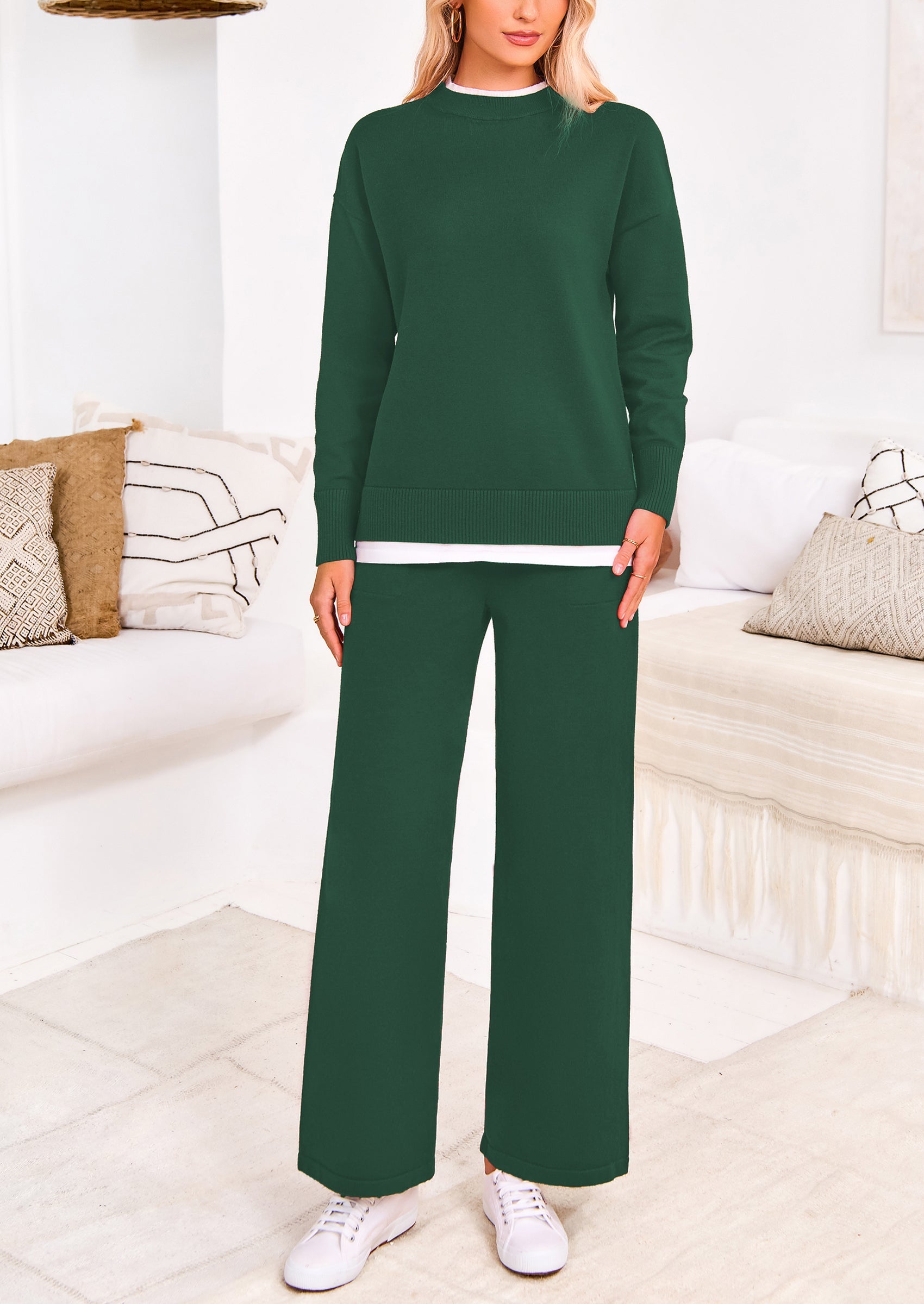 Chichi Two Piece Matching Sweater Lounge Sets Knit Long Sleeve Pullover Tops Wide Leg Pants Dark Green