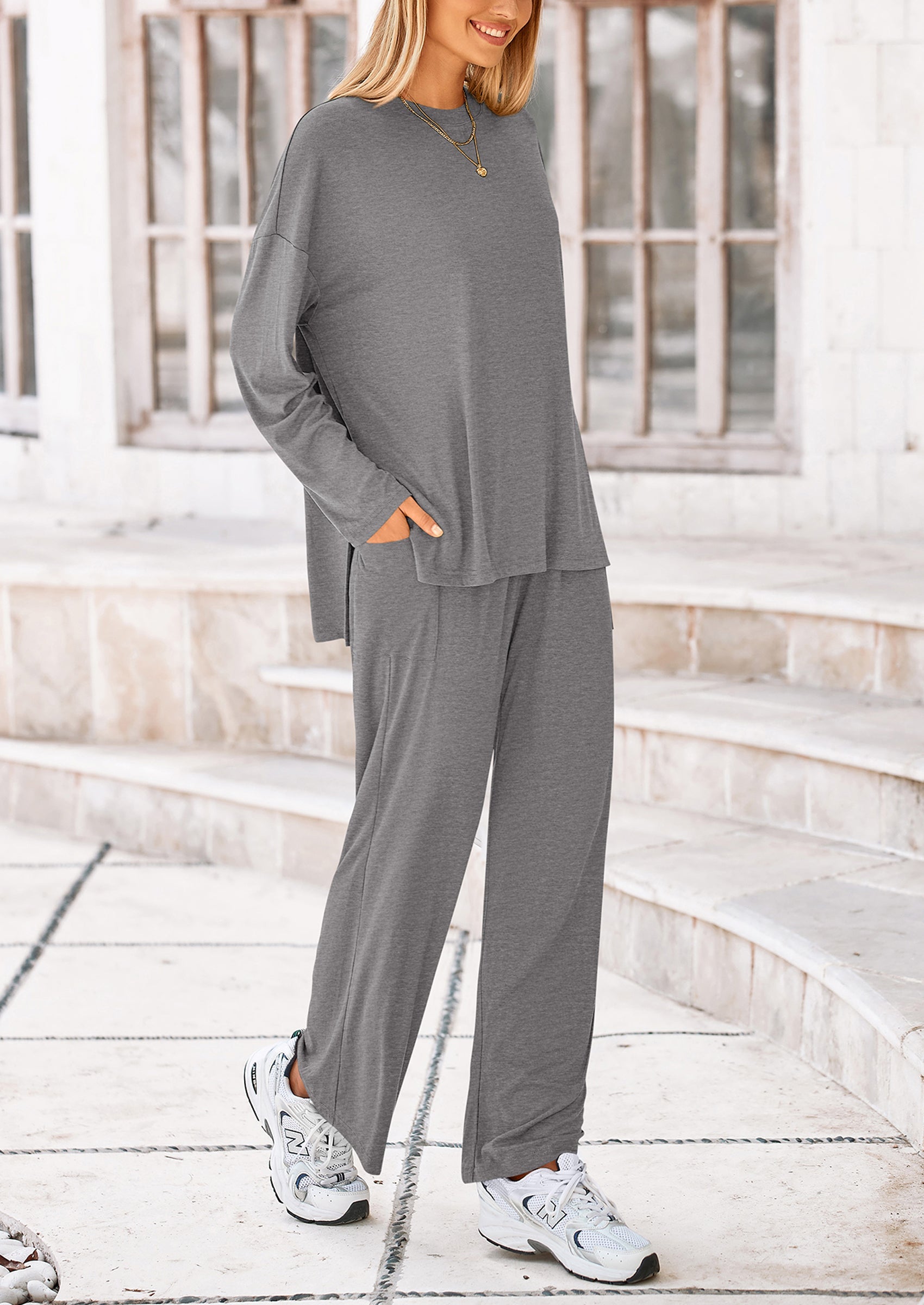 Chichi Women's Two Piece Lounge Sets Matching Long Sleeve Shirts Wide Leg Pants Tracksuits Travel Outfits Fall Clothes Light Coffee