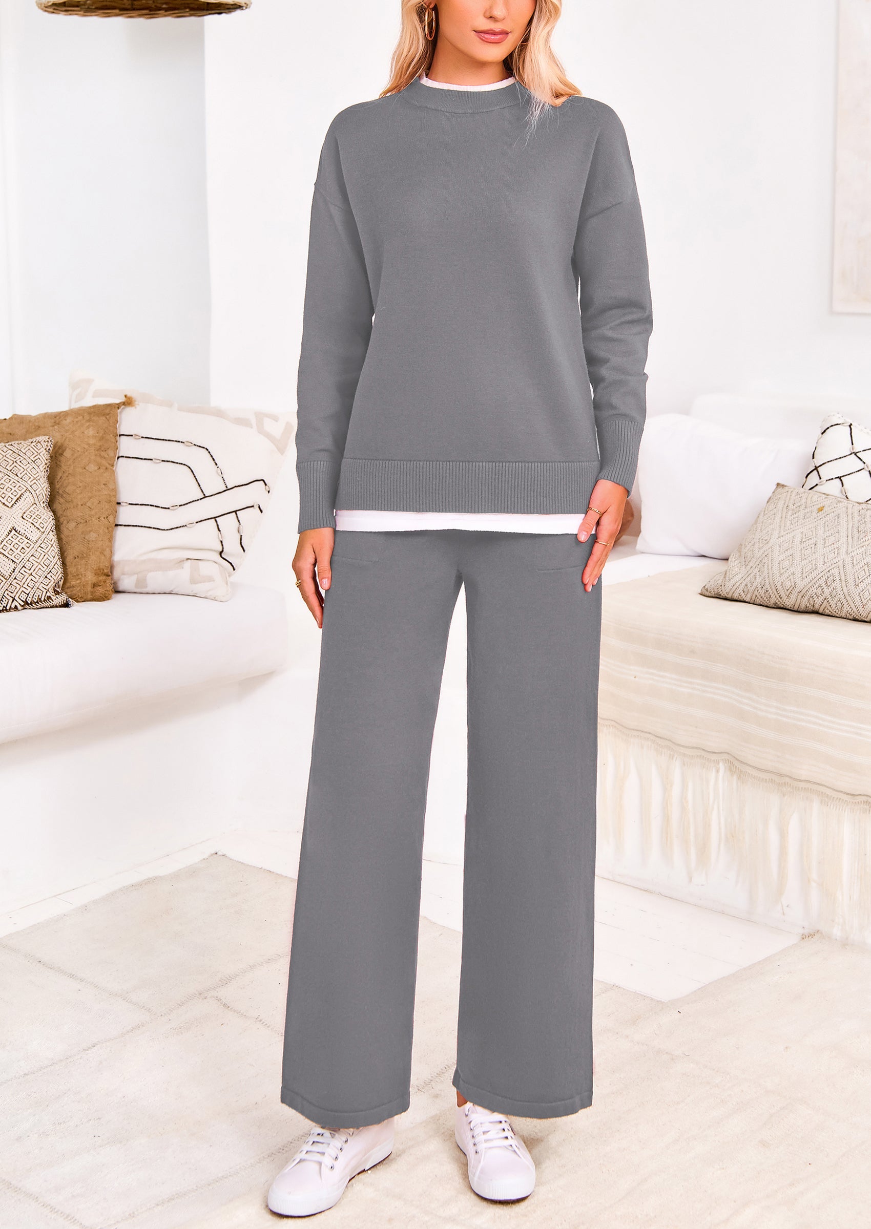 Chichi Two Piece Matching Sweater Lounge Sets Knit Long Sleeve Pullover Tops Wide Leg Pants Grey