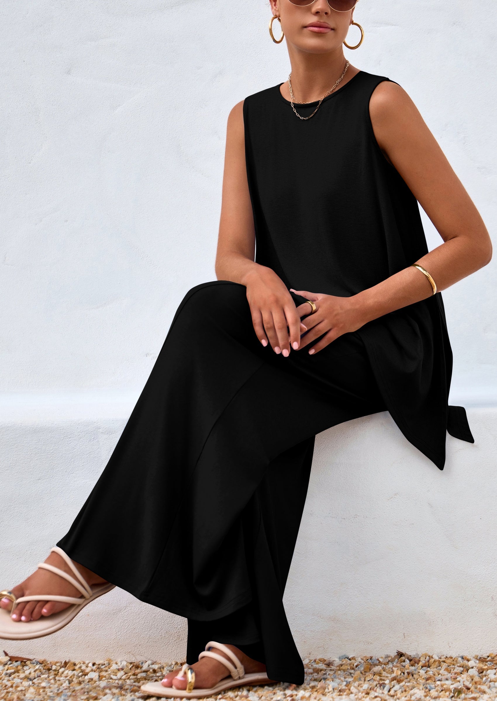 Chichi Women's Two Piece Matching Lounge Sets Asymmetrical Split Tank Tops Wide Leg Pants Summer Outfits Tracksuit Black