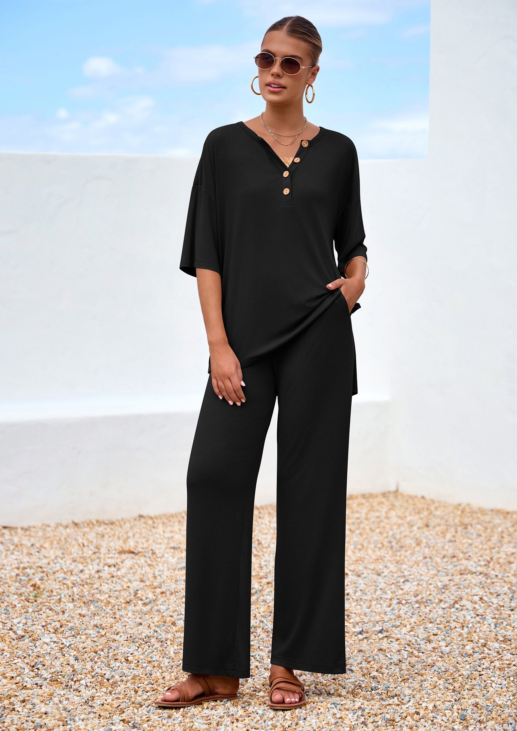 Chichi Women's 2 Piece Outfits Summer Casual V Neck Short Sleeve Tops Wide Leg Pants Matching Lounge Sets Black