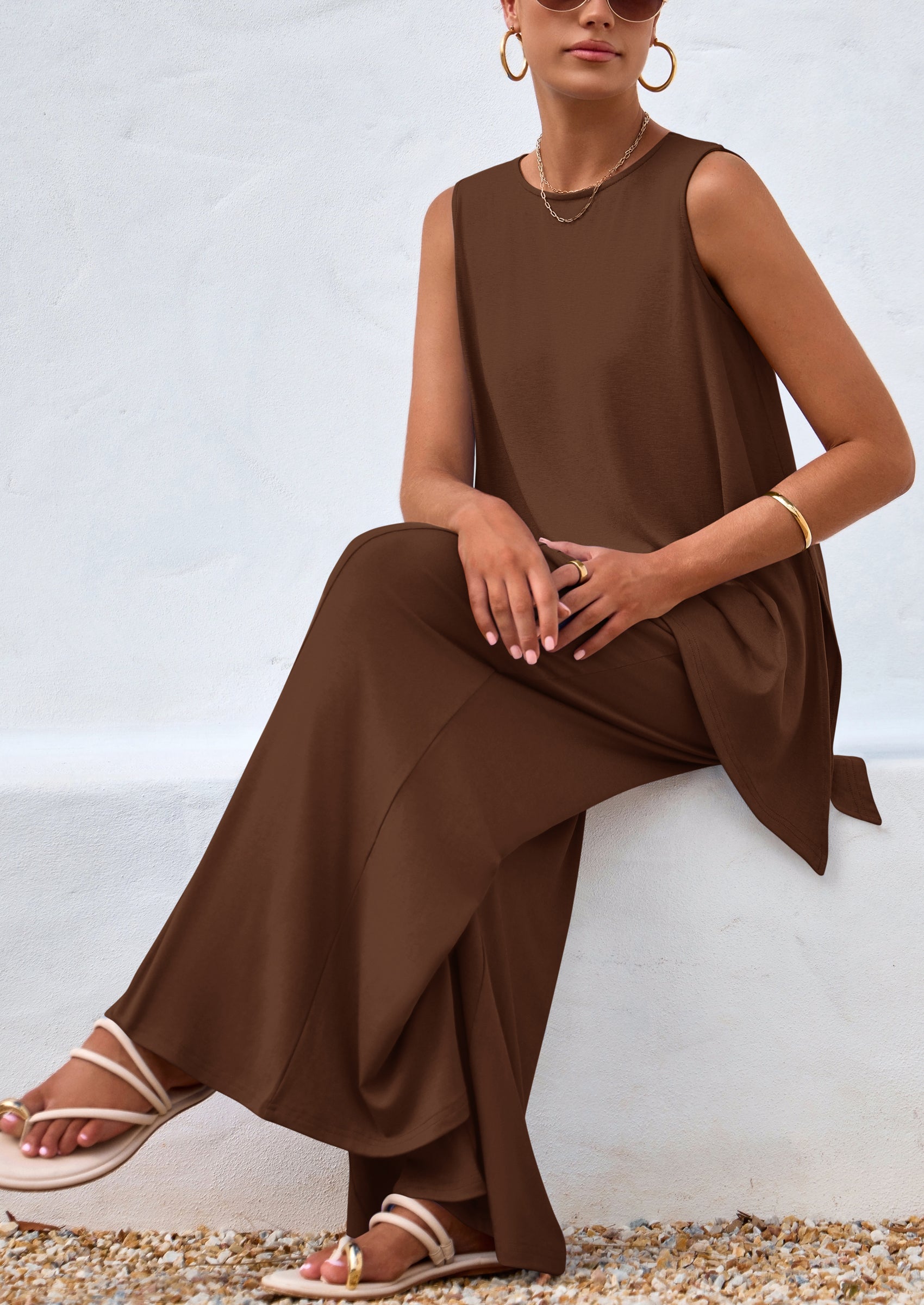 Chichi Women's Two Piece Matching Lounge Sets Asymmetrical Split Tank Tops Wide Leg Pants Summer Outfits Tracksuit Light Coffee