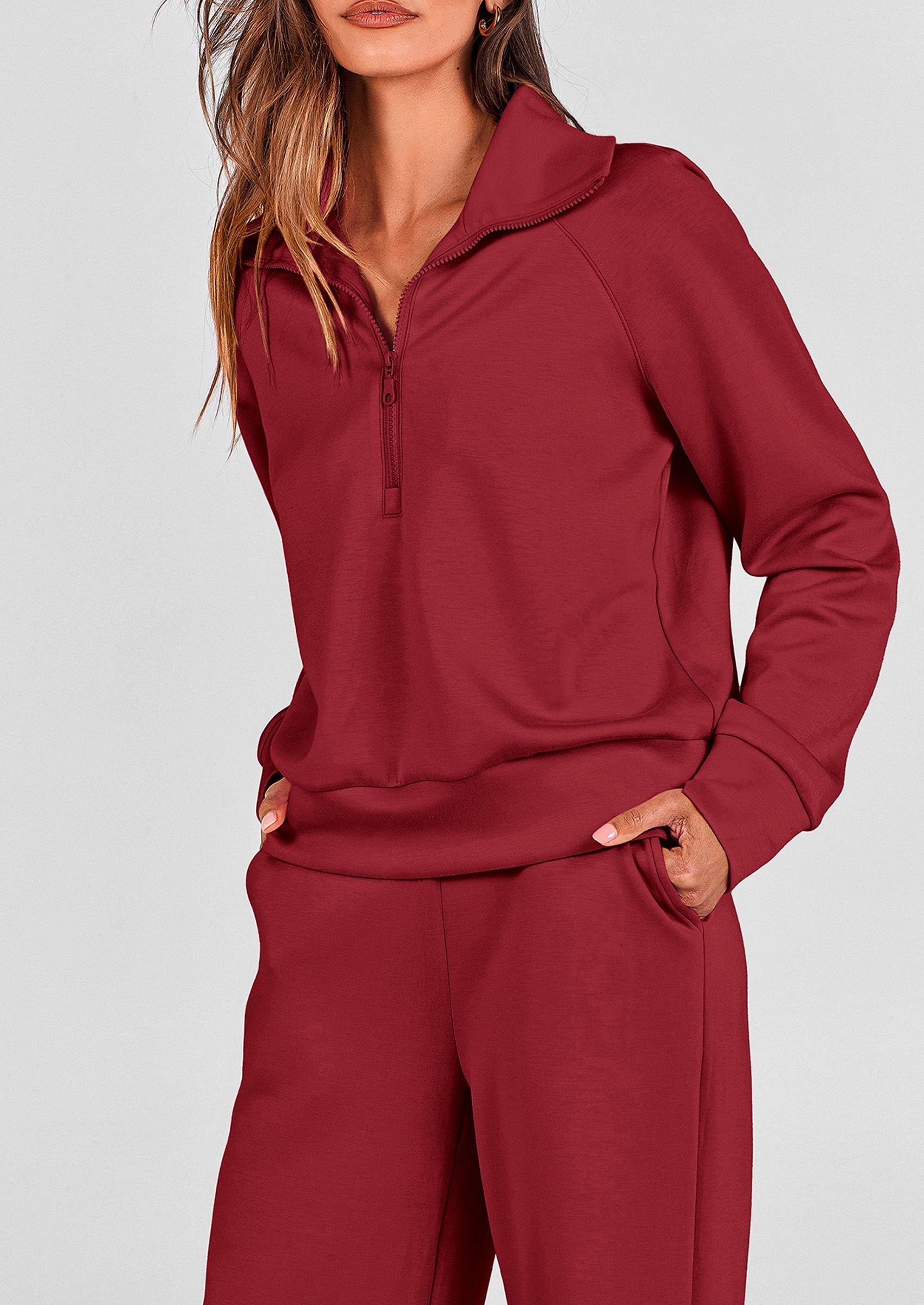 Chichi Women's 2 Piece Outfits Casual Lapel Half Zip Sweatshirts And Wide Leg Pants Tracksuit Sets Wine Red