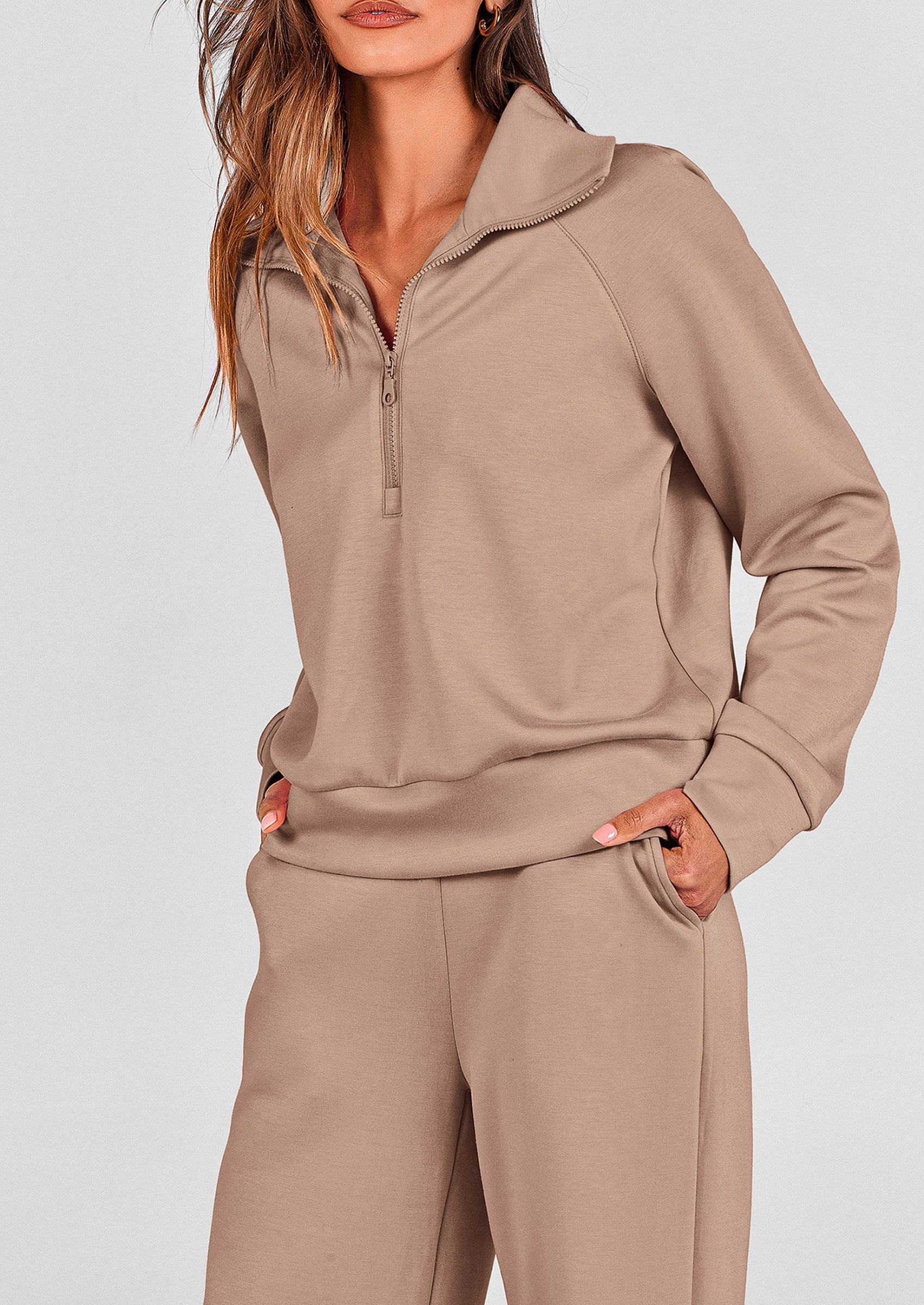 Chichi Women's 2 Piece Outfits Casual Lapel Half Zip Sweatshirts And Wide Leg Pants Tracksuit Sets Khaki