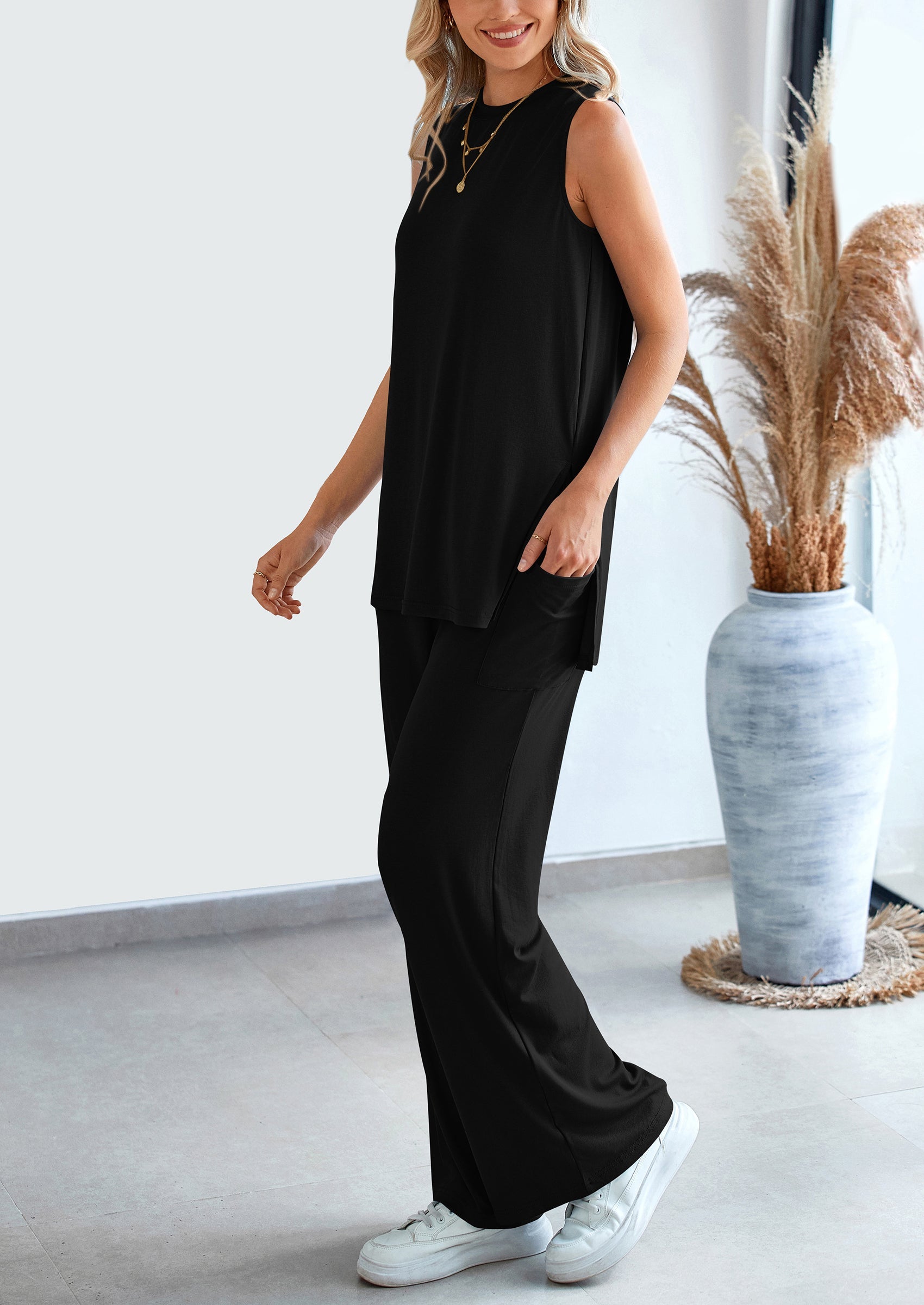 Chichi 2 Piece Set Loose Tank Top Wide Leg Pants Casual Matching Outfits Tracksuit Black