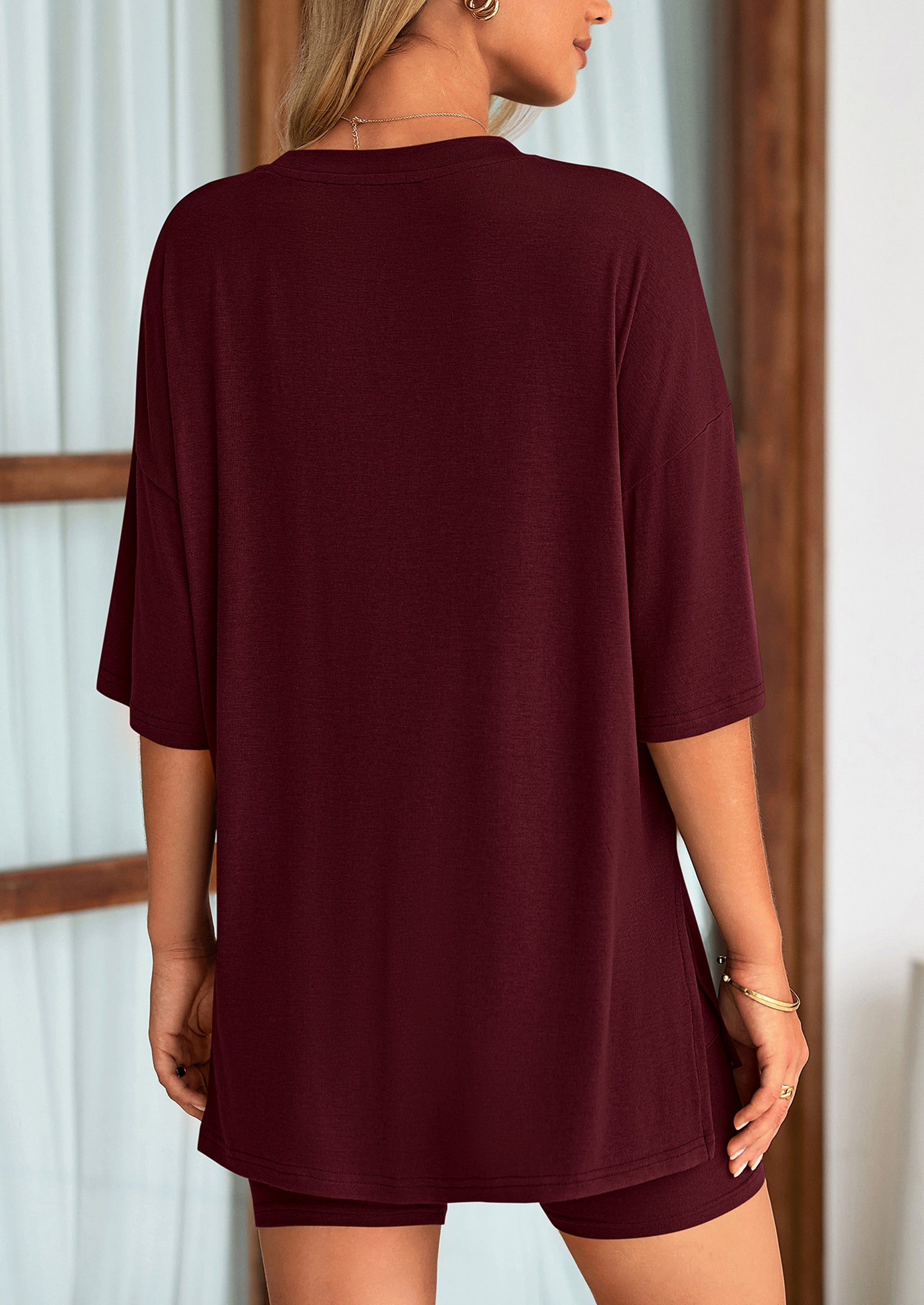 Chichi Women's Two Piece Lounge Set Summer Casual Oversized Shirts Biker Shorts Matching Airport Travel Outfit Wine Red
