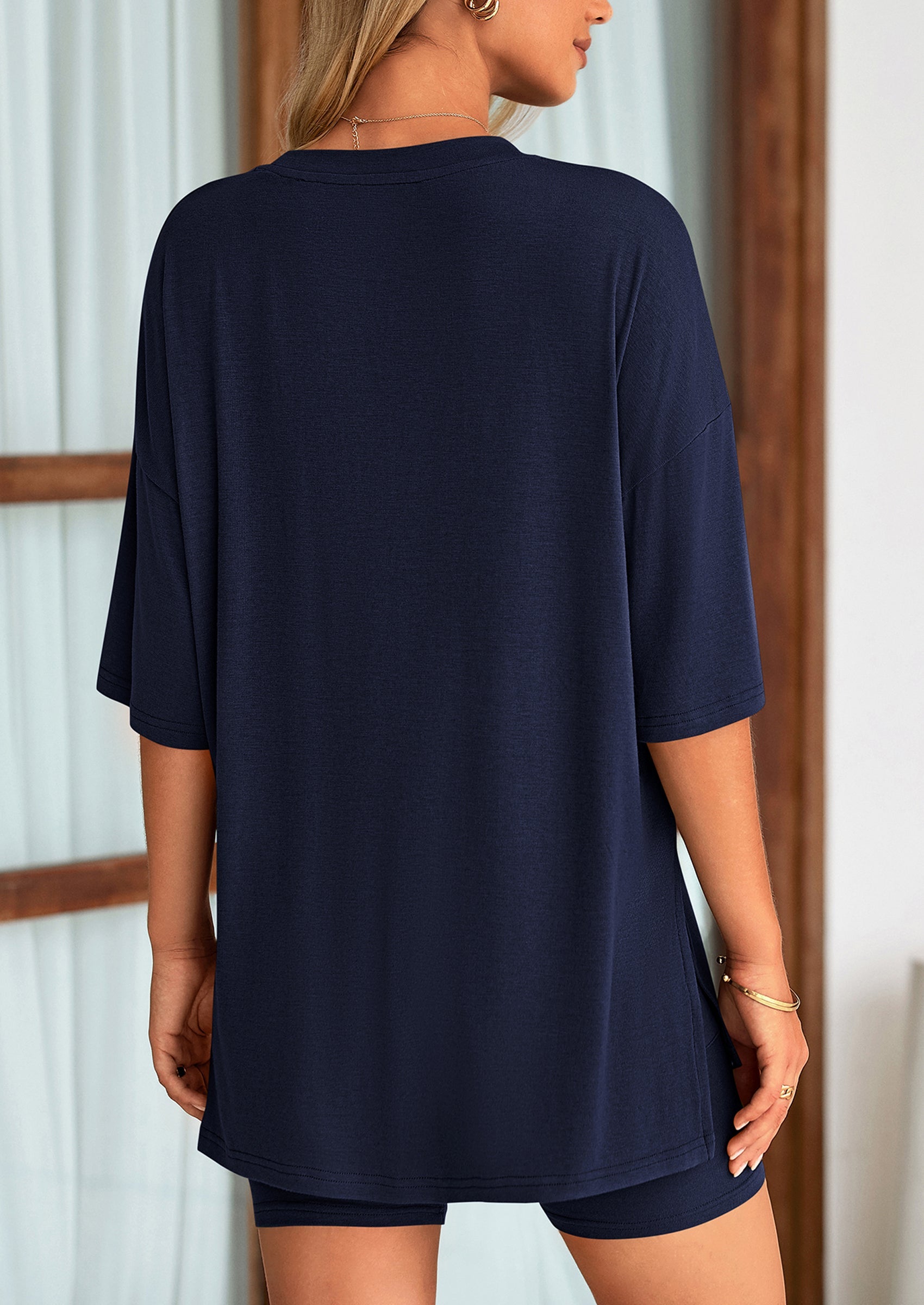 Chichi Women's Two Piece Lounge Set Summer Casual Oversized Shirts Biker Shorts Matching Airport Travel Outfit Navy