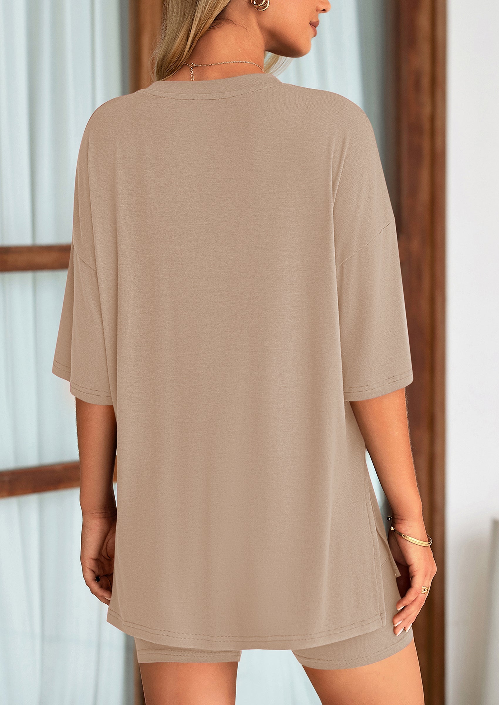 Chichi Women's Two Piece Lounge Set Summer Casual Oversized Shirts Biker Shorts Matching Airport Travel Outfit Beige