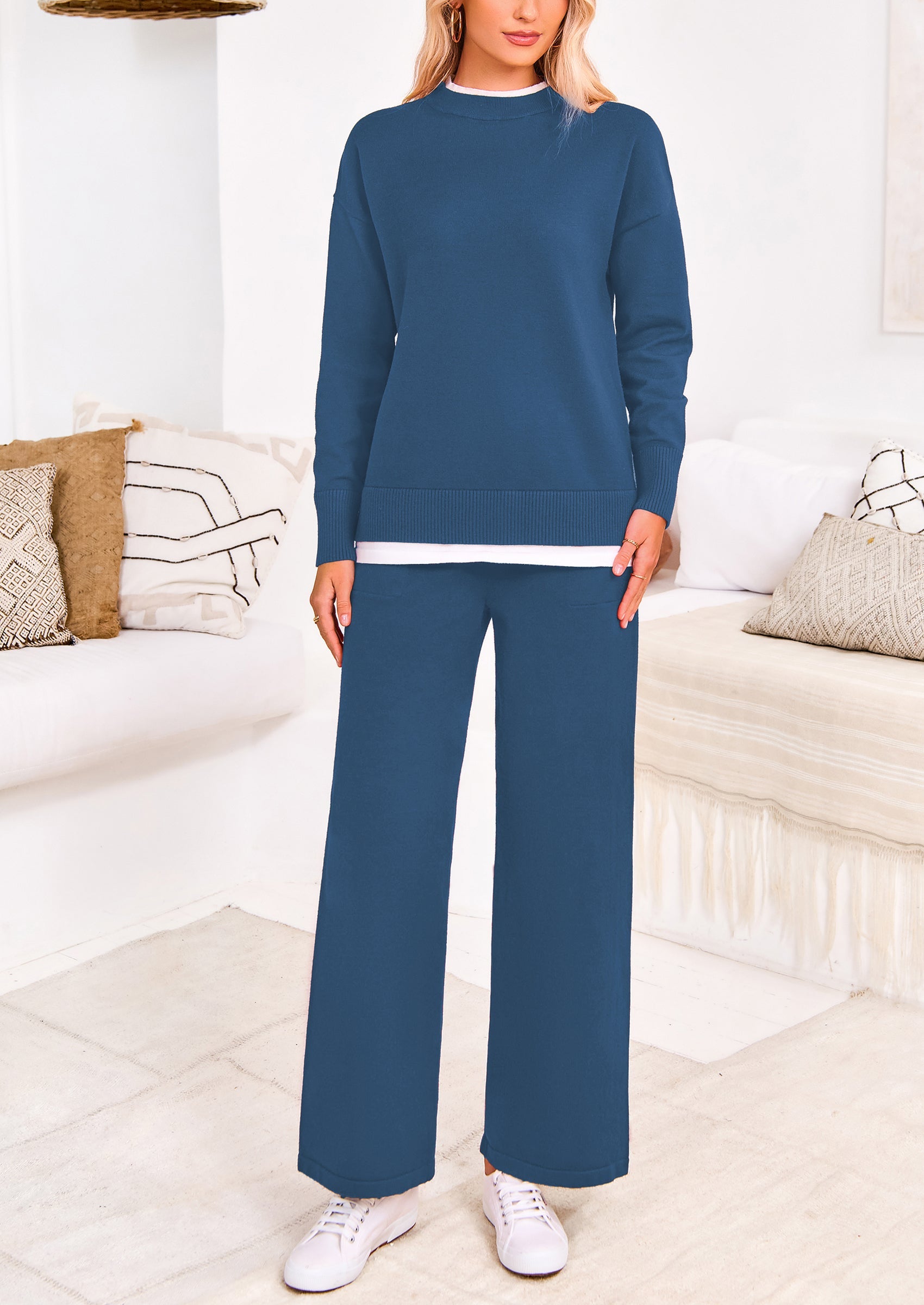 Chichi Two Piece Matching Sweater Lounge Sets Knit Long Sleeve Pullover Tops Wide Leg Pants Wine Red