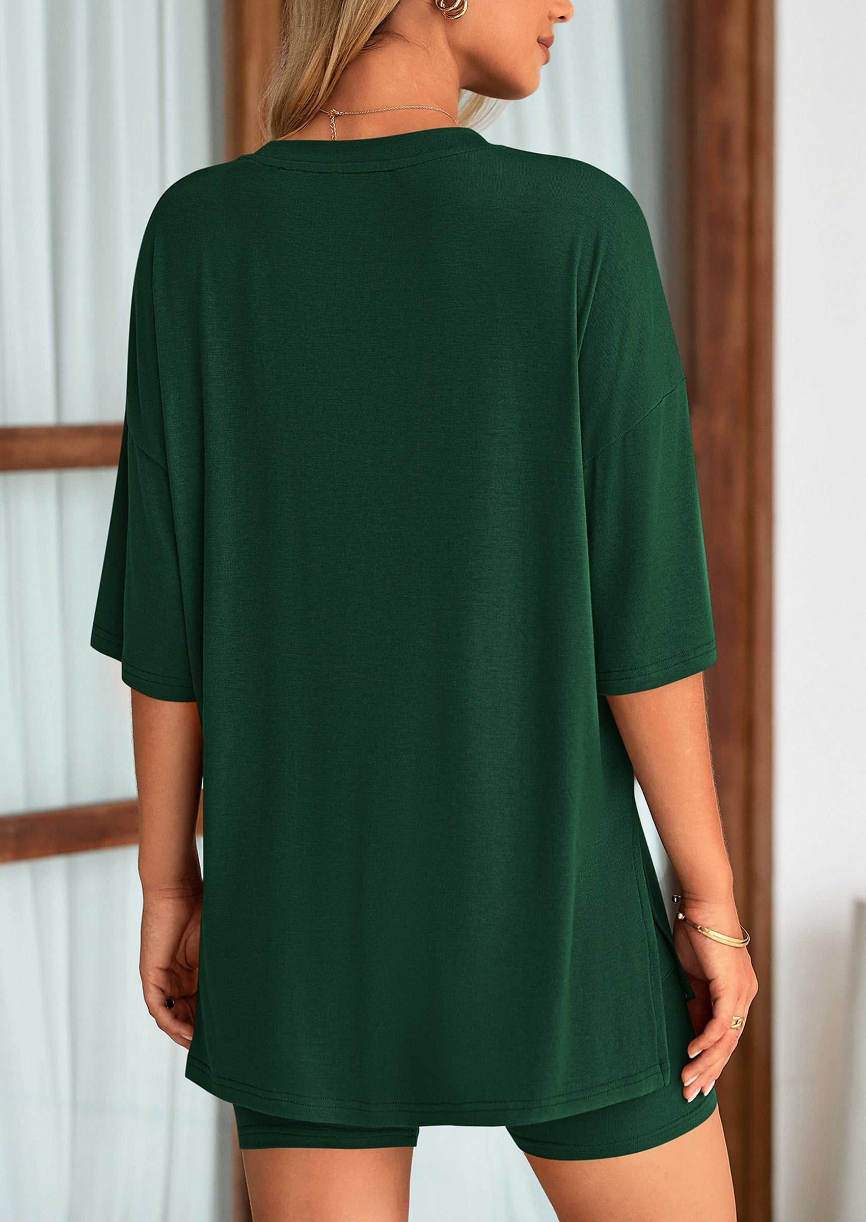 Chichi Women's Two Piece Lounge Set Summer Casual Oversized Shirts Biker Shorts Matching Airport Travel Outfit Dark Green