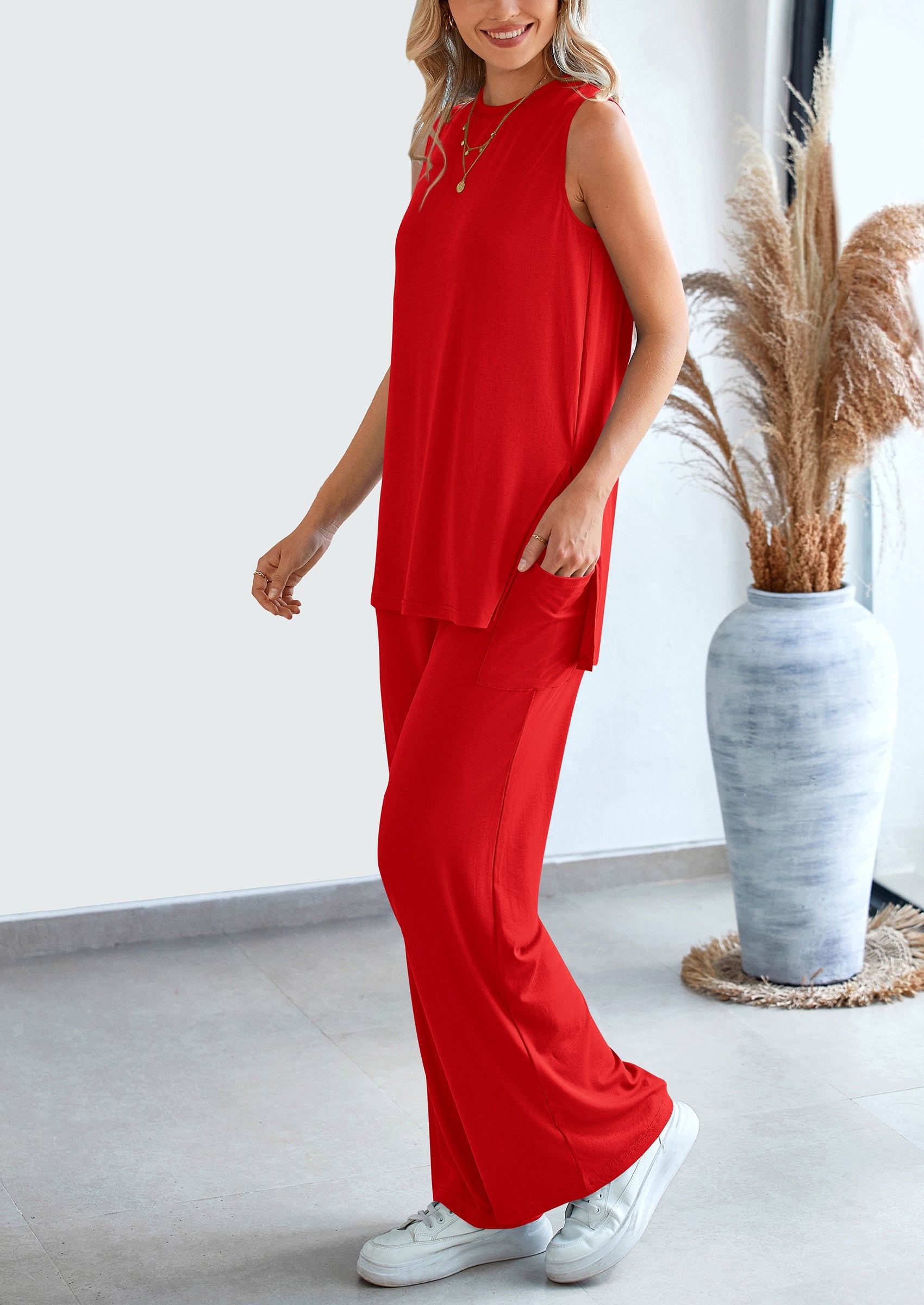 Chichi 2 Piece Set Loose Tank Top Wide Leg Pants Casual Matching Outfits Tracksuit Red