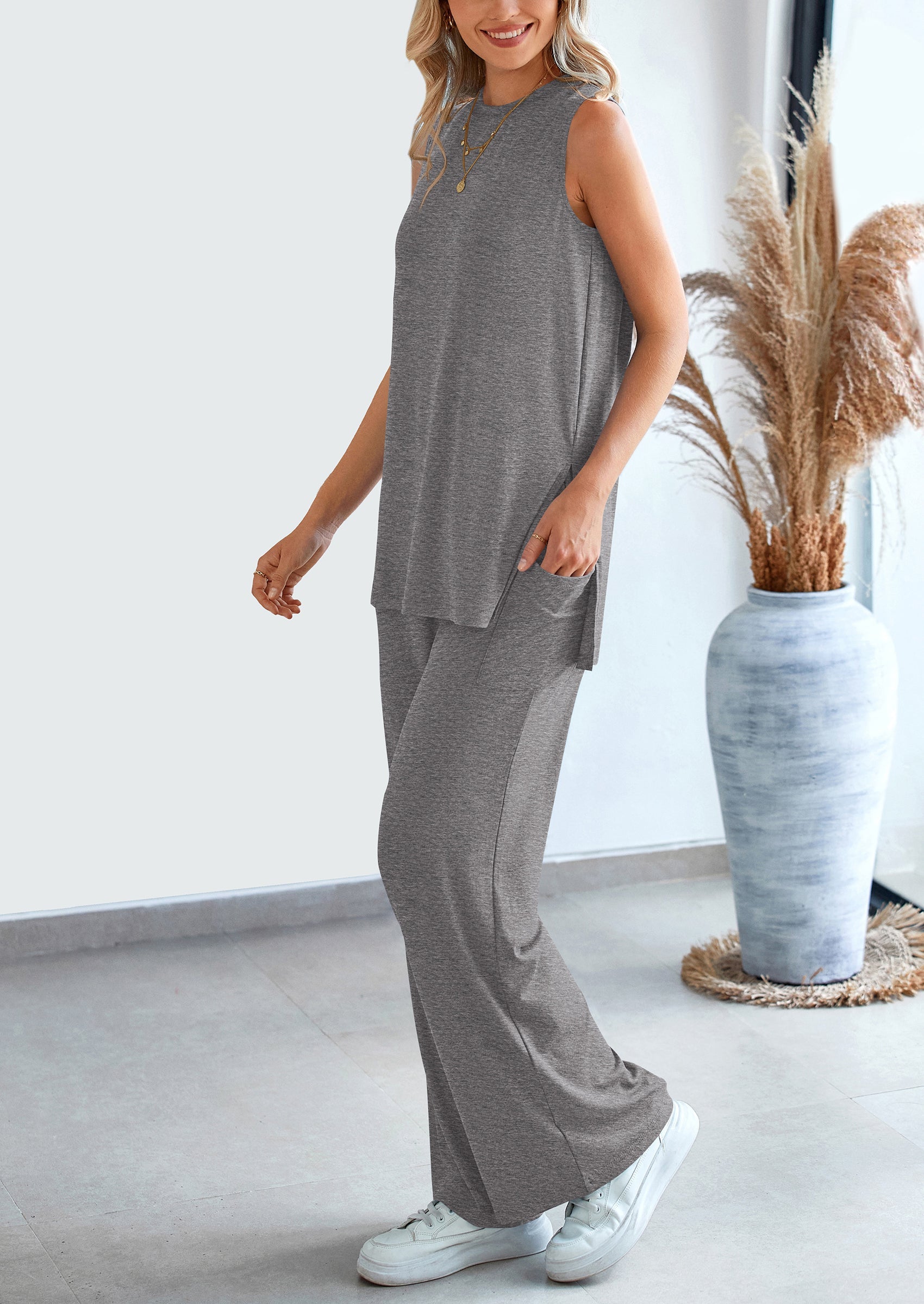 Chichi 2 Piece Set Loose Tank Top Wide Leg Pants Casual Matching Outfits Tracksuit Dark Grey