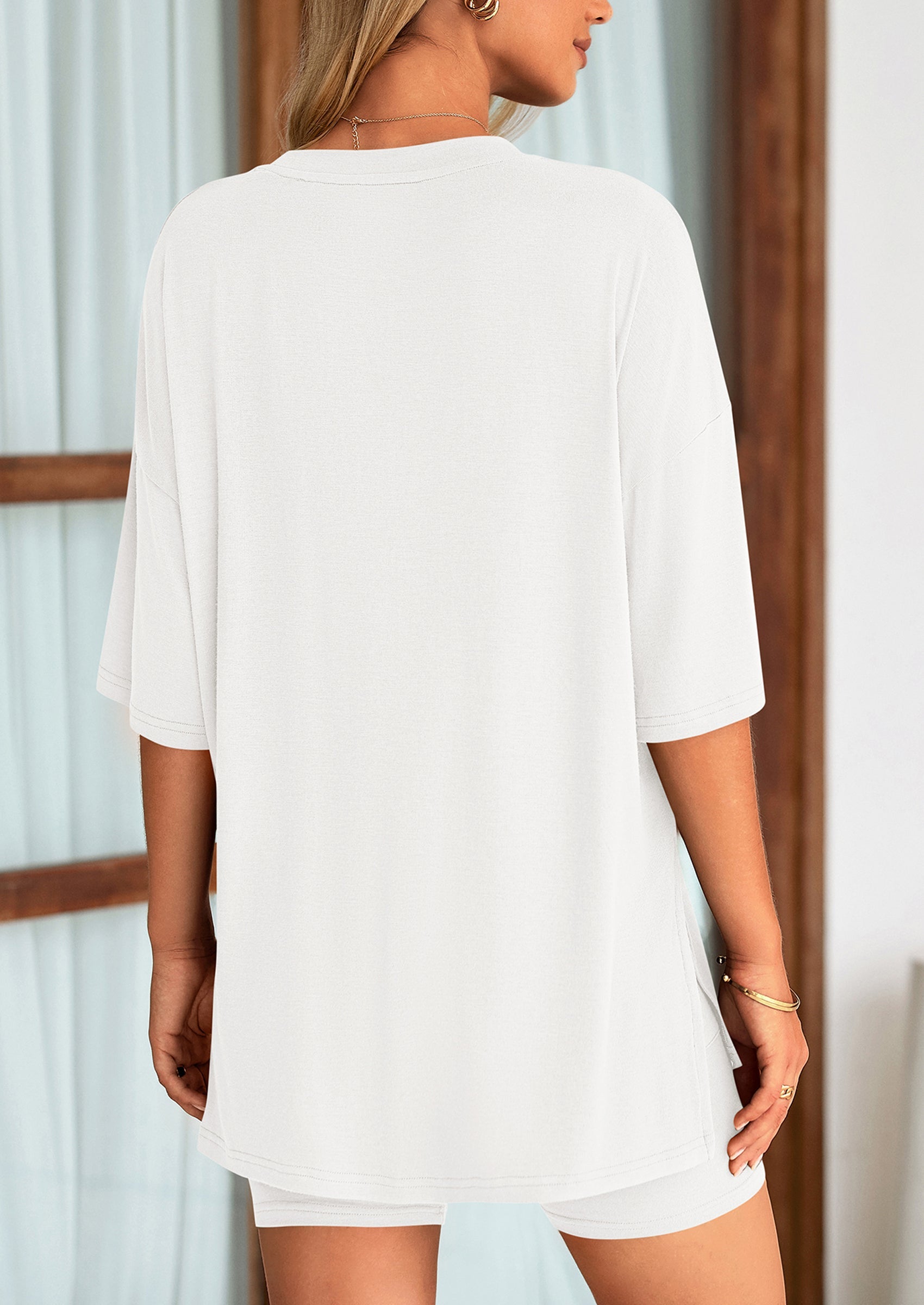 Chichi Women's Two Piece Lounge Set Summer Casual Oversized Shirts Biker Shorts Matching Airport Travel Outfit White