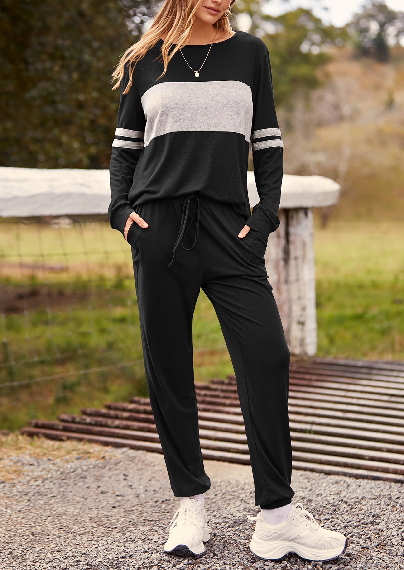 Chichi Women's Color Block 2 Piece Spring Tracksuit Crewneck Long Sleeve Tops Long Sweatpants Outfits Lounge Sets Black