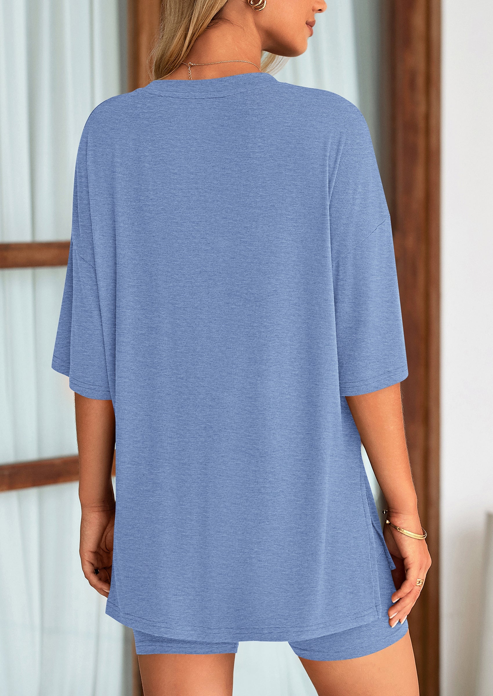 Chichi Women's Two Piece Lounge Set Summer Casual Oversized Shirts Biker Shorts Matching Airport Travel Outfit Grey Blue