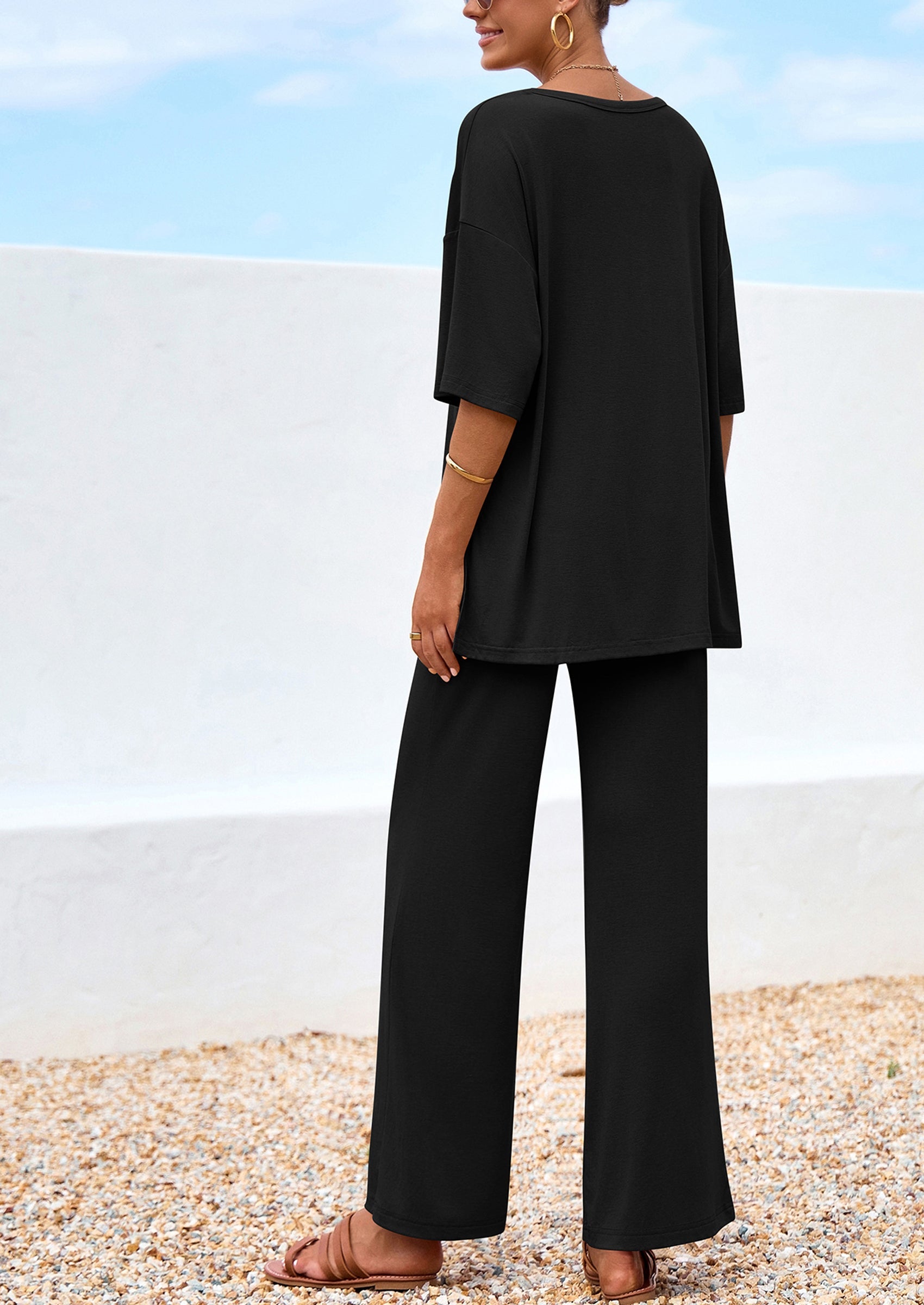 Chichi Women's 2 Piece Outfits Summer Casual V Neck Short Sleeve Tops Wide Leg Pants Matching Lounge Sets Black