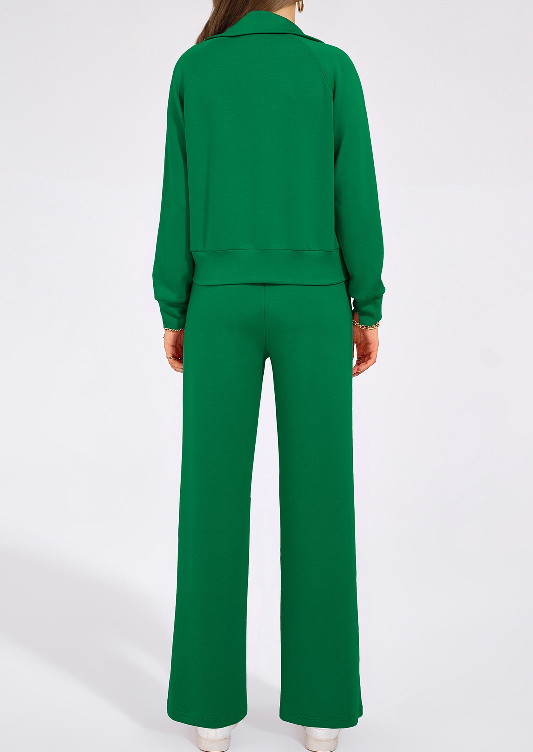 Chichi Women's 2 Piece Outfits Casual Lapel Half Zip Sweatshirts And Wide Leg Pants Tracksuit Sets Green