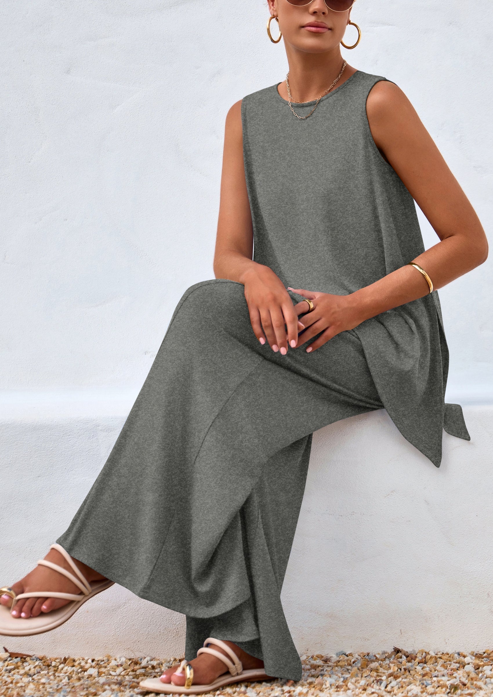 Chichi Women's Two Piece Matching Lounge Sets Asymmetrical Split Tank Tops Wide Leg Pants Summer Outfits Tracksuit Grey