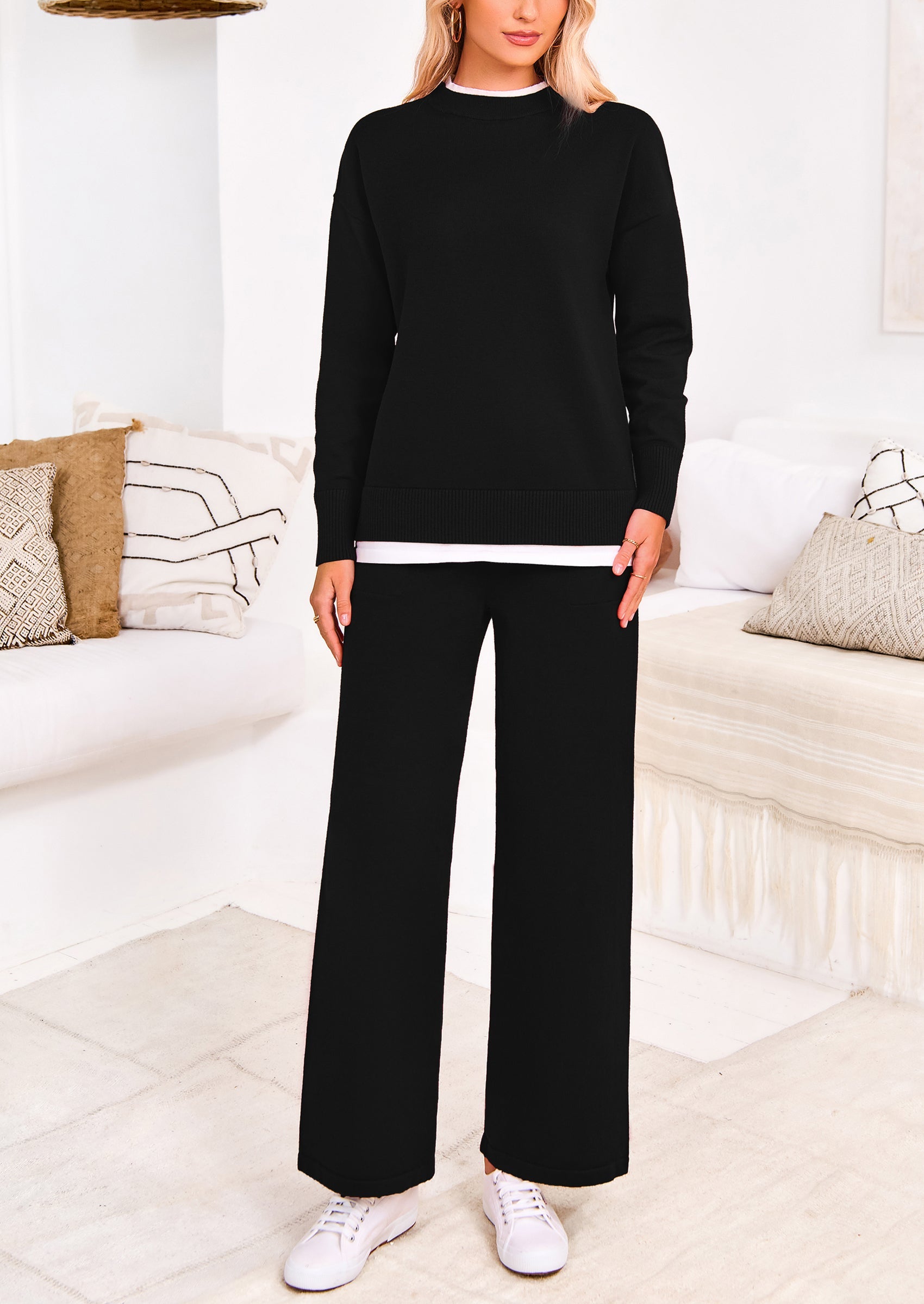 Chichi Two Piece Matching Sweater Lounge Sets Knit Long Sleeve Pullover Tops Wide Leg Pants Black