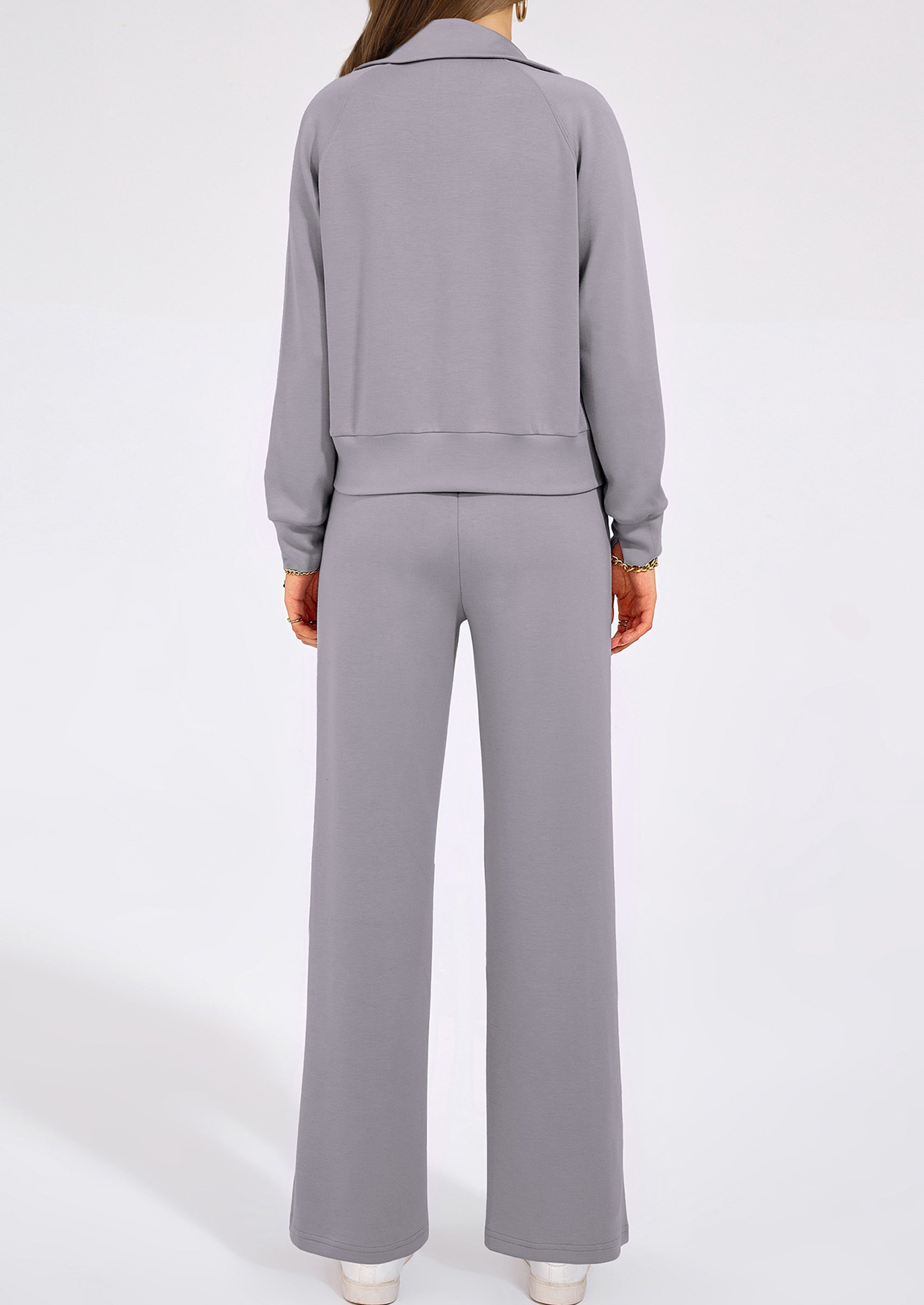 Chichi Women's 2 Piece Outfits Casual Lapel Half Zip Sweatshirts And Wide Leg Pants Tracksuit Sets Grey