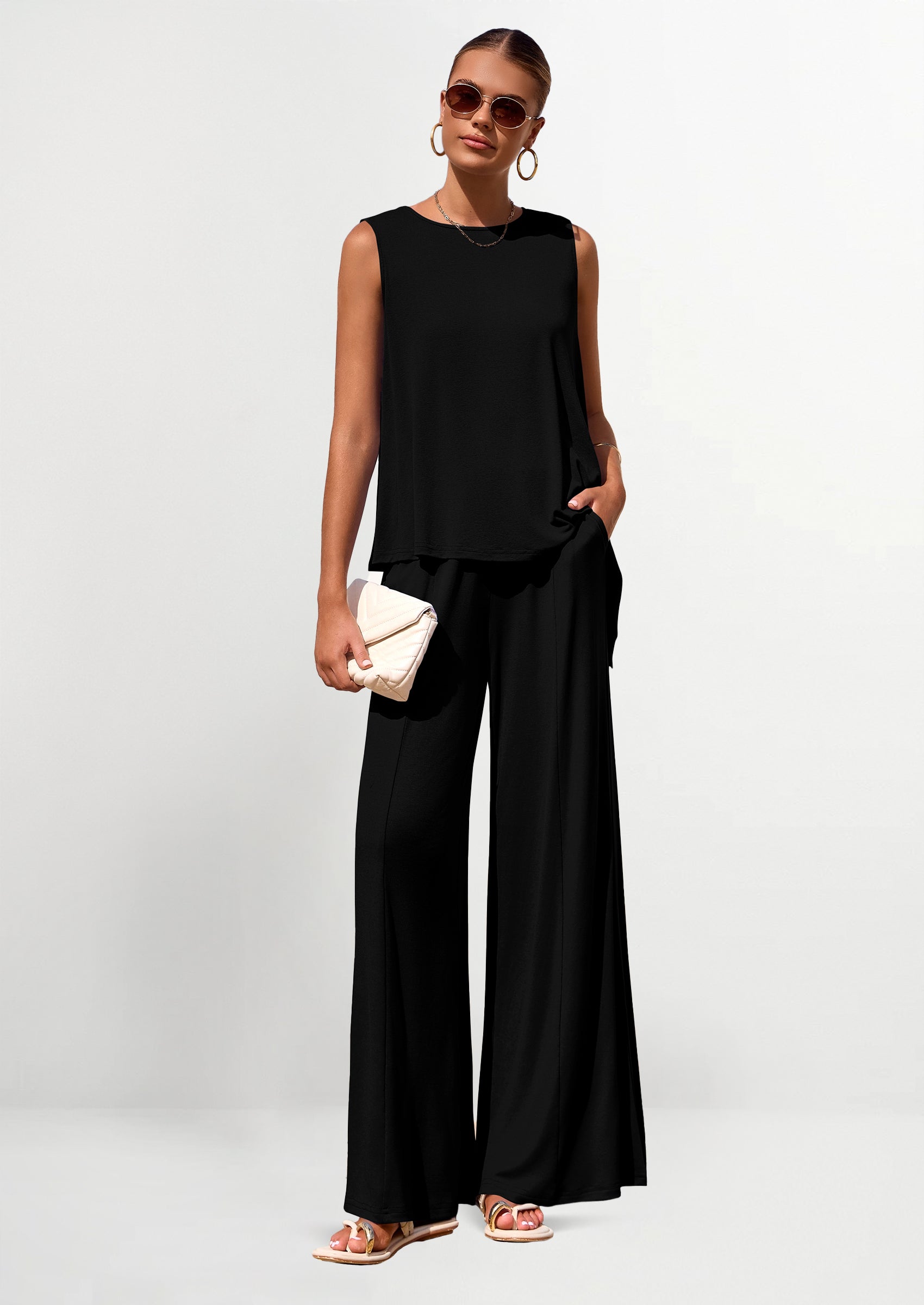 Chichi Women's Two Piece Matching Lounge Sets Asymmetrical Split Tank Tops Wide Leg Pants Summer Outfits Tracksuit Black